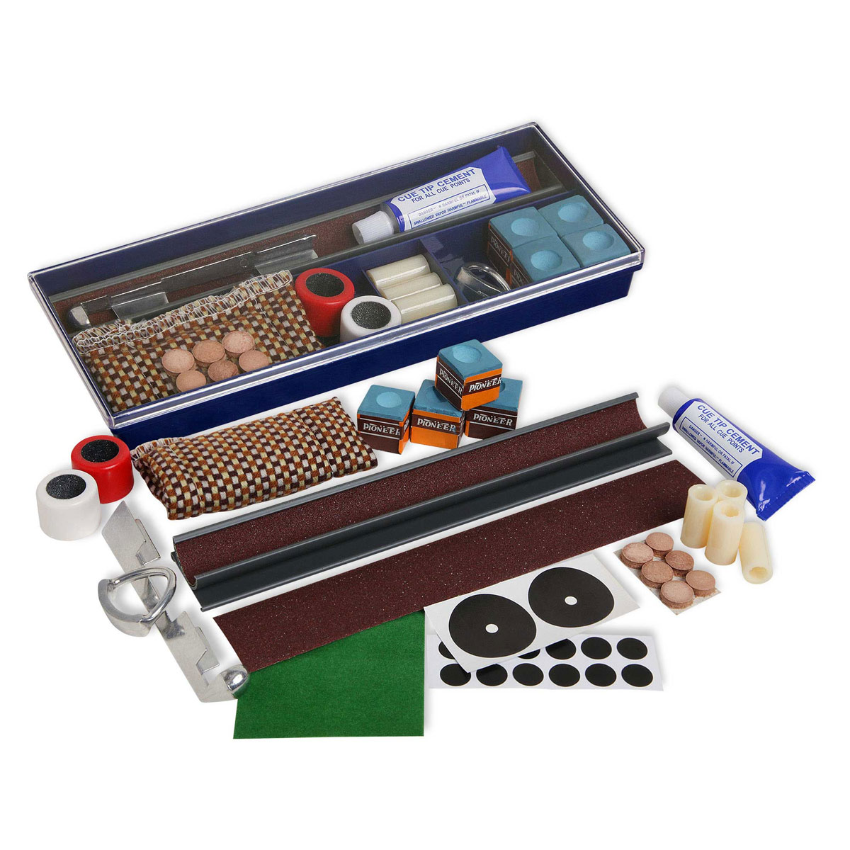 Набор для ремонта кия Fortuna Cue Repair Kit RT-35003588 Набор для ремонта кия Fortuna Cue Repair Kit RT-35003588Комплект для ремонта кия Fortuna Cue Repair Kit RT-350 включает в себя все, что необходимо для поддержания кия в рабочем состоянии. В комплект для ремонта кия входят:Мел Pioneer, синий - 4 шт.Муфта абразивная для обработки шафта - 1 шт.Фиксатор для приклеивания наклейки - 1 шт.Инструмент для обработки наклейки - 2 шт.Триммер STD-5 - 1 шт.Сменный абразив для триммера - 1 шт.12 мм втулки для кия - 2 шт.13 мм втулки для кия - 2 шт.Наклейки 12 мм - 3 шт.Наклейки 13 мм - 3 шт.35 мм самоклеящаяся метка - 2 шт.12 мм самоклеящаяся метка - 12 шт.Клей для наклеек, 20 г - 1 шт.Лента для ремонта сукна (7 х 7 см) - 1 шт.Пластиковый контейнер (24 х 10 х 3 см) - 1 шт.