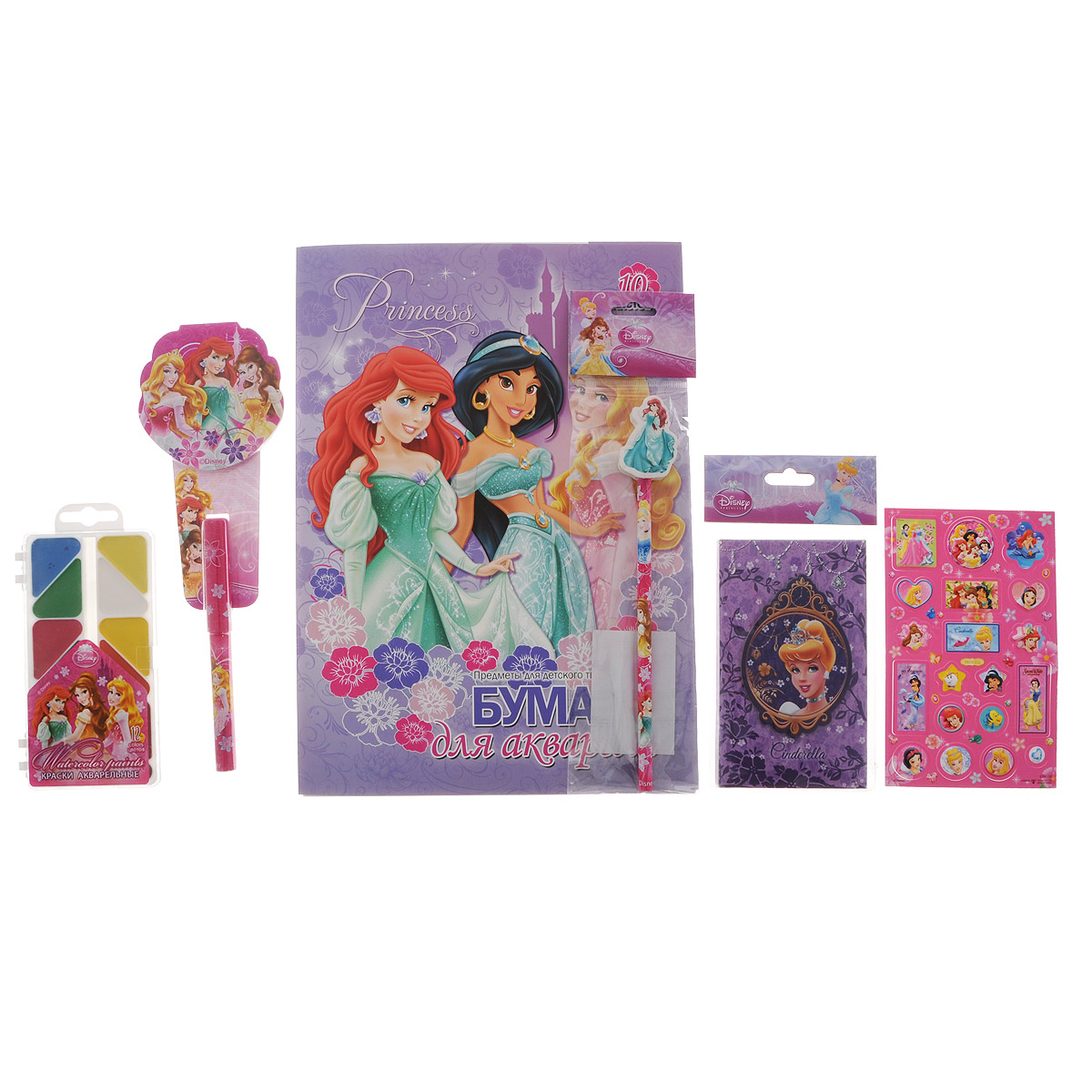 Подарочный канцелярский набор Disney Princess. PRСZ-US1-AZ15-BOX285043 Подарочный канцелярский набор Disney Princess. PRСZ-US1-AZ15-BOX285043Канцелярский набор Disney Princess станет незаменимым атрибутом в учебе любой школьницы.Он включает в себя 10 листов бумаги для акварели, чернографитный карандаш с ластиком, телефонную книжку, лист с объемными стикерами, акварельные краски в футляре (12 цветов), небольшой блокнотик и ручку.Все предметы набора оформлены изображениями диснеевских принцесс. Упакован набор в картонную подарочную упаковку. УВАЖАЕМЫЕ КЛИЕНТЫ! Обращаем ваше внимание на возможные изменения в дизайне предметов набора, связанные с ассортиментом продукции. Поставка осуществляется в зависимости от наличия на складе.