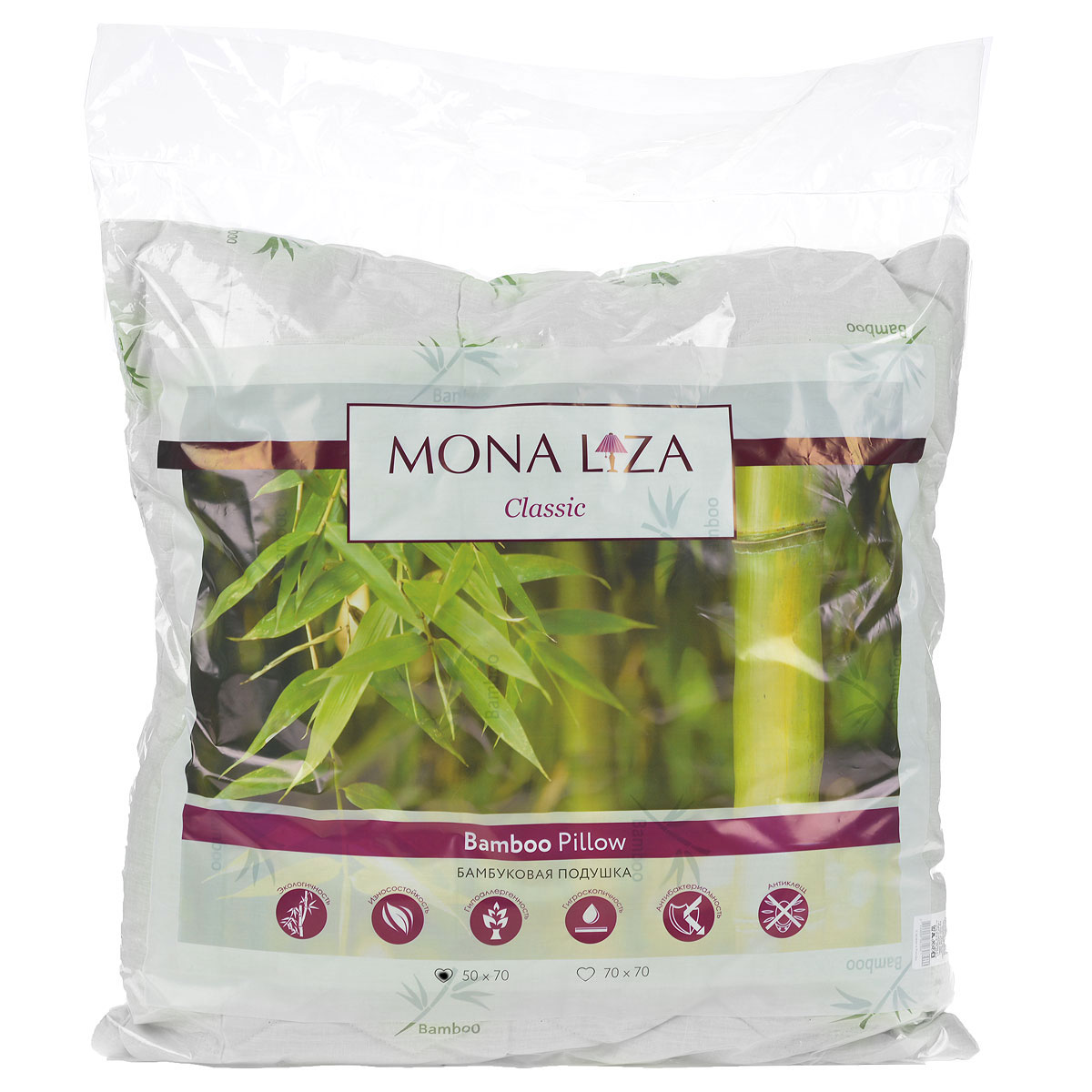 Подушка Mona Liza, цвет: белый, 50 х 70 см. 539414531-105 Подушка Mona Liza, цвет: белый, 50 х 70 см. 539414531-105Подушка Mona Liza подарит вам незабываемое чувство комфорта и умиротворения. Чехол выполнен из поликоттона, украшен изображением стеблей бамбука, фигурной стежкой и кантом по краю. В качестве наполнителя используется бамбуковое волокно, которое обладает удивительным балансом различных свойств и удовлетворяет требования даже самого изысканного покупателя. Такой наполнитель сохраняет ценные свойства растения и одновременно обеспечивает легкость изделия, мягкость и долговечность. Высокосиликонизированное волокно Royalton придает изделию упругость, быстро восстанавливает форму после смятия, имеет высокую стойкость к ее сохранению с течением времени. Свойства подушки с бамбуком: - Наполнитель обладает природным свойством антибактериальности, как в природе, так и в быту это волокно не повреждается грибками, плесенью и вредителями; это свойство сохраняется при многократных стирках. - Прочность и мягкость: плотность бамбукового волокна в 2 раза выше, чем у хлопка, при этом оно сохраняет устойчивость к механическим воздействиям в сухом и мокром состоянии; в то же время оно мягче хлопка, сходно по структуре с шелком. - Обладает активным влагопоглощением, не рекомендуется для использования в климатических зонах и отдельных помещениях с повышенной влажностью, людям с повышенной влажностью тела. - Не удерживает посторонние запахи, является природным дезодорантом. - Практически не содержит примесей вредных химических соединений, потому что производится путем дробления стебля, обработки его паром и биоферментами. Подушка проста в уходе, подходит для машинной стирки, быстро сохнет. Материал чехла: ткань (50% хлопок, 50% полиэстер), пласт (35% бамбук, 65% полиэстер). Наполнитель: 100% полиэстер.
