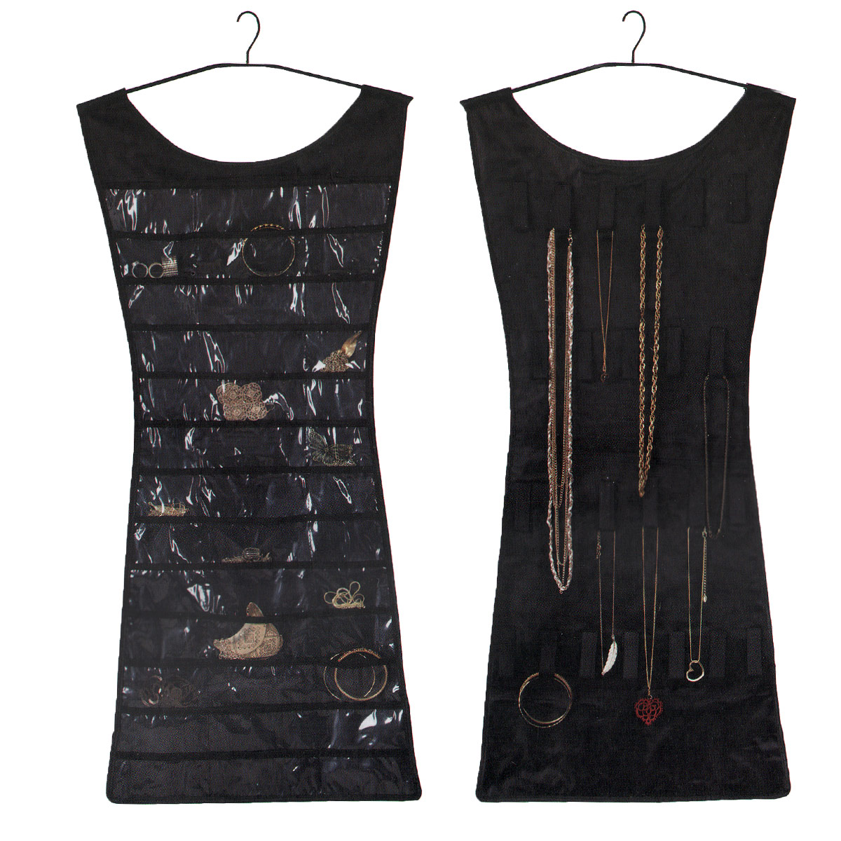 Органайзер для украшений Umbra Little black dress, цвет: черный, 46,4 х 92 смS03301004 Органайзер для украшений Umbra Little black dress, цвет: черный, 46,4 х 92 смS03301004Органайзер Umbra Little black dress создан для всего, что есть в коллекции модницы: на одной стороне 24 петельки для бус, цепочек, браслетов, часов и массивных серег, на другой - 39 прозрачных кармана для мелких вещиц (кольца, клипсы, кулоны). Благодаря этой гениальной вещи вся бижутерия будет в порядке, а главное, не нужно искать понадобившуюся вещь - она всегда на виду. Еще одна удобная деталь: органайзер можно повесить прямо в шкаф, вешалка включена в комплект. Так что теперь, подбирая украшения к наряду, вы потратите меньше времени. Размер органайзера: 46,5 см х 107 см.