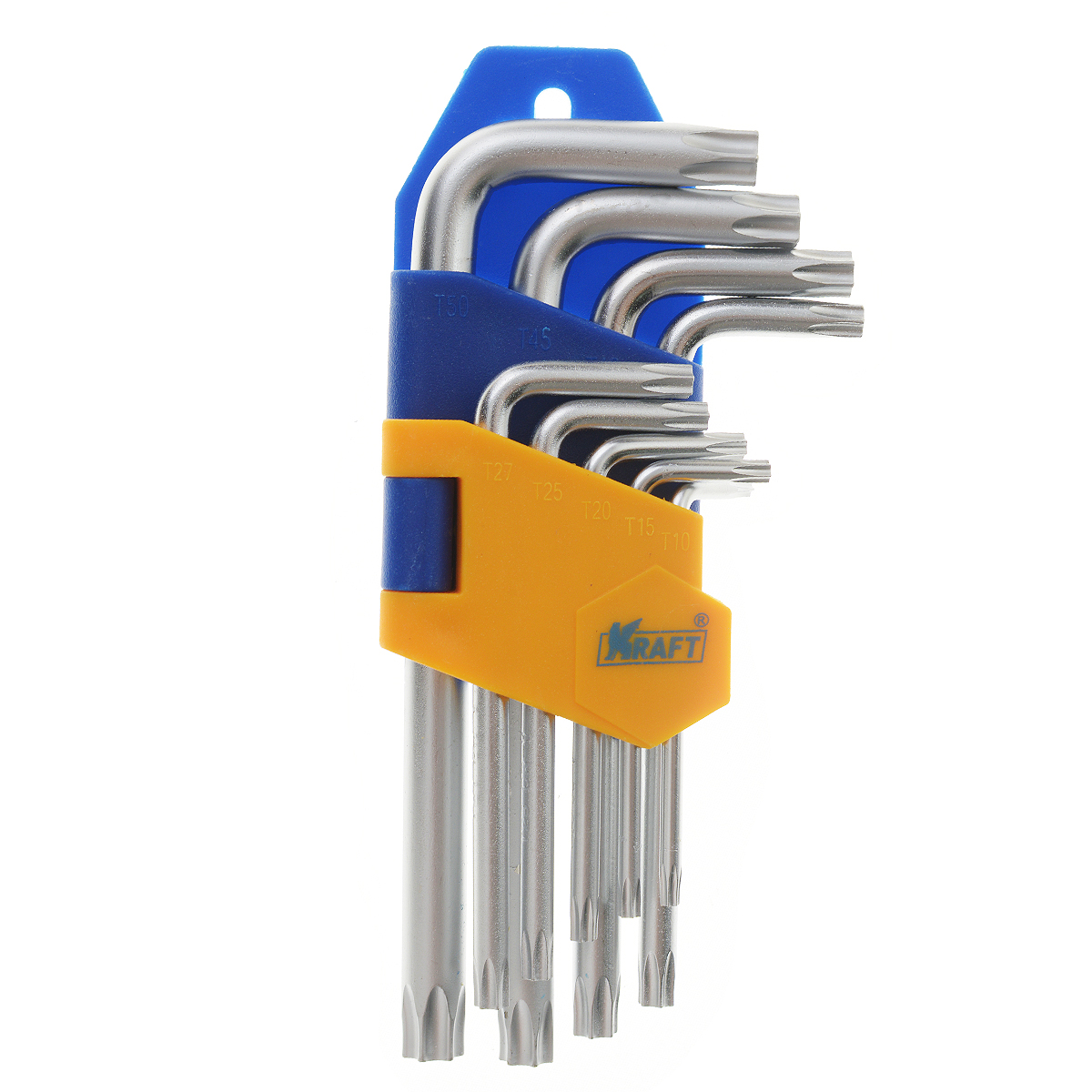 Набор ключей шестигранныхKraft Professional Torx, коротких, Т10 - Т50, 9 шт98298130 Набор ключей шестигранныхKraft Professional Torx, коротких, Т10 - Т50, 9 шт98298130Набор Г-образных ключей Torx предназначен для работы с крепежными элементами, имеющими внутренний шестигранник. Каждый ключ изготовлен из хромованадиевой стали и оснащен наконечником с рабочим профилем torx. В набор входят ключи: Т10, Т15, Т20, Т25, Т27, Т30, Т40, Т45, Т50.
