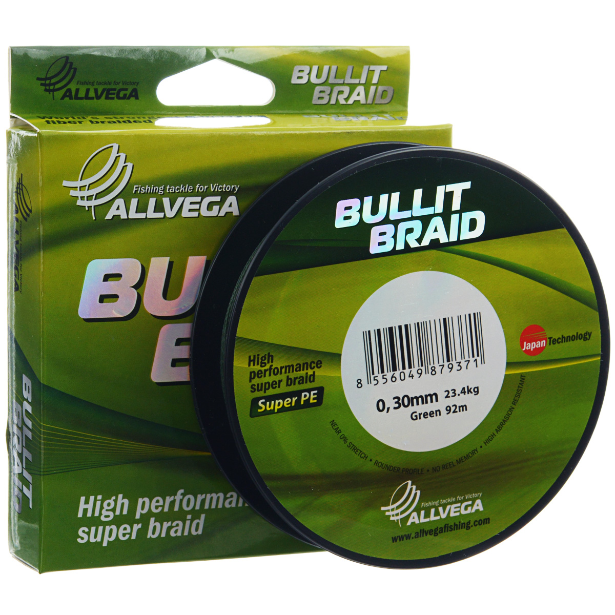 Леска плетеная Allvega Bullit Braid, цвет: темно-зеленый, 92 м, 0,3 мм, 23,4 кг1232713 Леска плетеная Allvega Bullit Braid, цвет: темно-зеленый, 92 м, 0,3 мм, 23,4 кг1232713Леска Allvega Bullit Braid разработана с учетом новейших японских технологий в сфере строения волокон. Благодаря микроволокнам полиэтилена (Super PE) леска имеет очень плотное плетение, не впитывает воду, имеет гладкую круглую поверхность и одинаковое сечение по всей длине.