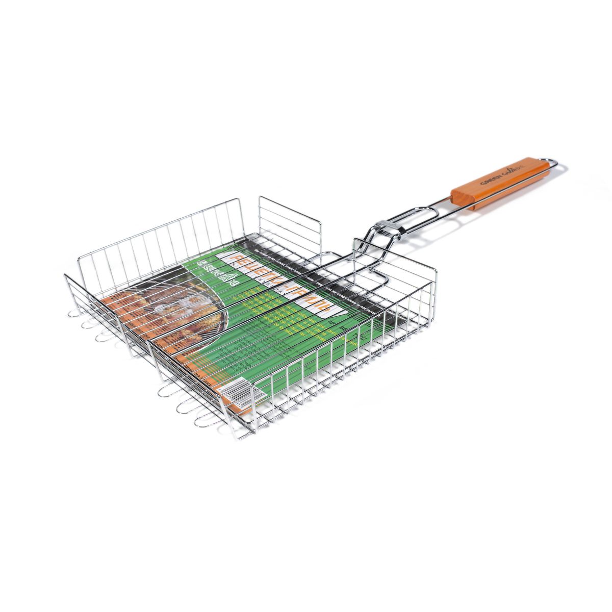 Решетка-гриль Green Glade, объемная, 41 см х 31 см3B327 Решетка-гриль Green Glade, объемная, 41 см х 31 см3B327Двойная объемная решетка-гриль Green Glade изготовлена из высококачественной хромированной стали с пищевым никелированным покрытием. Это идеальное приспособление для приготовления барбекю как на мангале, так и на гриле. На решетке удобно размещать стейки, ребрышки, сосиски и т.д. Изменяющаяся толщина зажима позволяет готовить продукты любой толщины: от тонкого куска мяса до курицы. Предназначена для приготовления пищи на углях. Блюда получаются сочными, ароматными, с аппетитной специфической корочкой. Рукоятка изделия оснащена деревянной вставкой и фиксирующей скобой, которая зажимает створки решетки. Размер рабочей поверхности решетки: 41 см х 31 см. Общая длина решетки (с ручкой): 67 см.Высота стенки решетки: 6 см.
