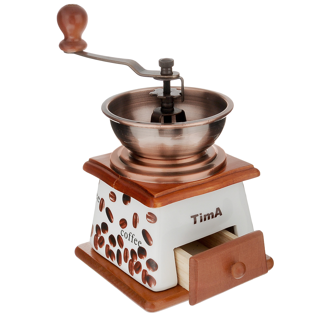 Кофемолка ручная TimA. SL-073VT-1520(SR) Кофемолка ручная TimA. SL-073VT-1520(SR)Ручная кофемолка TimA, выполненная из дерева и керамики, украшенной изображением кофейных зерен, сочетает в себе эстетичность и функциональность. Она оснащена выдвижным деревянным ящичком для молотого кофе, металлической воронкой и удобной элегантной ручкой для помола. Изделие снабжено внутренним керамическим механизмом. Вы сможете регулировать степень помола от мелкого до крупного. Инструкция по регулировке степени помола имеется на упаковке изделия. Такая кофемолка станет незаменимым помощником на вашей кухне.Высота кофемолки: 16,5 см.Размер основания кофемолки: 11,5 см х 11,5 см.
