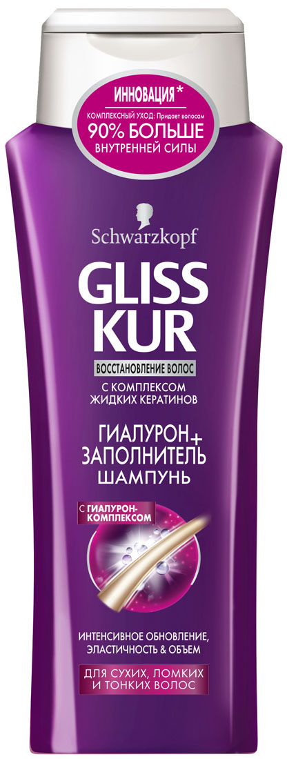 GLISS KUR Шампунь Гиалурон-заполнитель, 250 млFS-00897 GLISS KUR Шампунь Гиалурон-заполнитель, 250 млFS-00897Интенсивное обновление, эластичность и объем, до 90 % больше внутренней силы волос*Кремовая формула шампуня с Гиалурон-Комплексом эффективно обновляет структуру волос, действуя изнутри. Волосы заново приобретают свою внутреннюю силу , объем и эластичность.Кератин-ВосстановлениеЖидкие кератин восстанавливает структуру, заполняя поврежденные участки внутри волоса и воздействуя на его поверхность.*Для достижения оптимального результата используйте также экспресс-кондиционер и мгновенную восстанавливающую маску Gliss Kur Гиалурон + Заполнитель