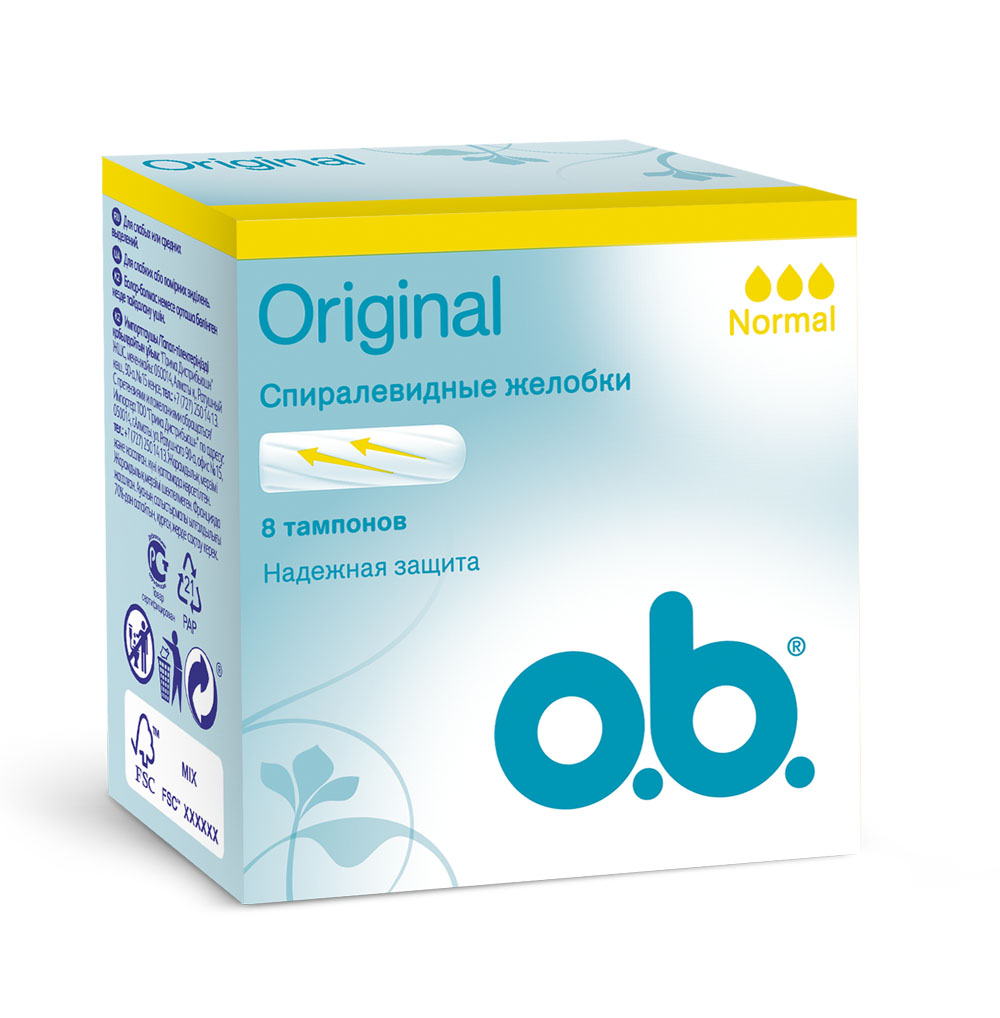 O.B. Тампоны Original Normal, 8 штSatin Hair 7 BR730MN O.B. Тампоны Original Normal, 8 штSatin Hair 7 BR730MNТампоны О.В. Original Normal со спиралевидными желобками идеально подойдут для надежной защиты. Спиралевидные желобки FluidLock были разработаны для того, чтобы более эффективно направлять жидкость внутрь тампона, обеспечивая комфорт и надежную защиту.Тампоны О.В. Original Normal рекомендованы при незначительных и средних выделениях.Товар сертифицирован.