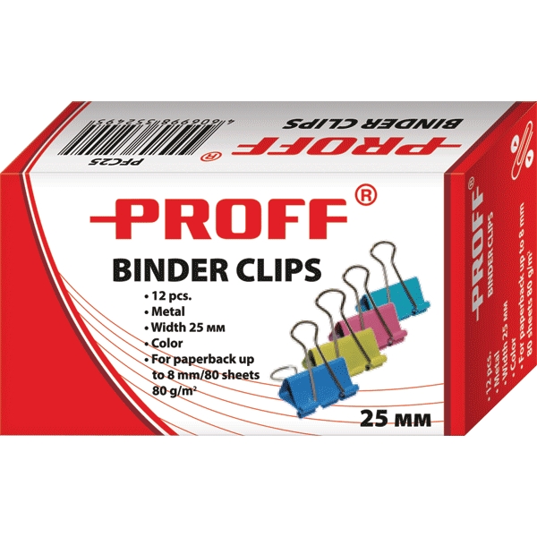 Зажимы для бумаг Proff, 25 мм, 12 штFS-00103 Зажимы для бумаг Proff, 25 мм, 12 штFS-00103Металлические зажимы для бумаг Proff предназначены для временного скрепления листов, размером до 8 мм (80 листов, плотностью 80г/м2) стандартной бумаги. Зажимы для бумаг не мнут документы, не оставляют следов, имеют удобные ушки. Зажимы выполнены из высококачественной стали.С набором зажимов для бумаг Proff ваш рабочий стол всегда будет в порядке.