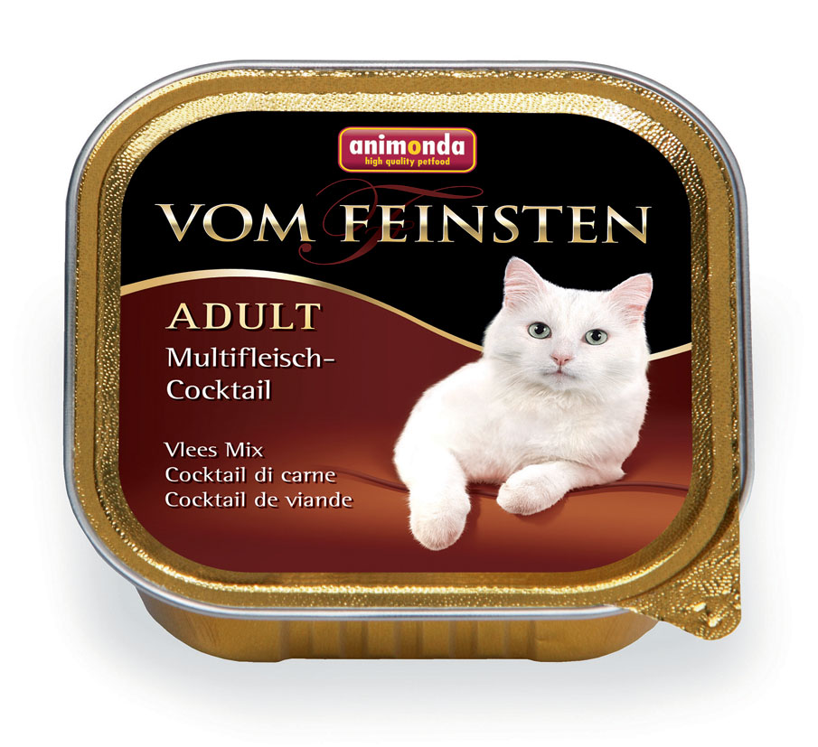 Консервы Animonda Vom Feinsten для взрослых кошек, с мясным коктейлем, 100 г0120710 Консервы Animonda Vom Feinsten для взрослых кошек, с мясным коктейлем, 100 г0120710Влажные корма Animonda Vom Feinstenсодержат отборные сорта мяса, комбинированные со специальными ингредиентами. Консервы - восхитительная еда, которая обещает много удовольствия и ценится кошачьими гурманами во всем мире, это линия полноценных сбалансированных консервированных кормов, которая удовлетворит запросы самых требовательных кошек.Состав: мясо и мясные продукты 63% (говядина 23%, ягненок 10%, индейка 10%, курица 10%, кролик 10%), бульон, минералы.Анализ: белок 11%, жир 5%, клетчатка 0,3%, зола 1,6%, влажность 81%.Добавки (на 1 кг продукта): витамин D3 200 МЕ, витамин Е (a-токоферол) 30 мг. Вес: 100 г.Товар сертифицирован.