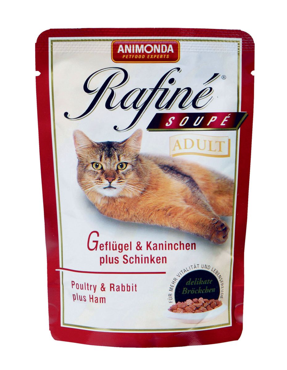 Консервы для кошек Animonda Rafine Soupe Adult, с домашней птицей, кроликом и ветчиной, 100 г0120710 Консервы для кошек Animonda Rafine Soupe Adult, с домашней птицей, кроликом и ветчиной, 100 г0120710Вашей кошке обязательно понравятся такие деликатесные кусочки Rafine Soupe Adult со вкусом кролика и курицы. Они содержат в большом количестве легкоусвояемый протеин, поэтому корм прекрасно подойдёт даже для животных со слабой пищеварительной системой. Консервированный корм разработан для кормления взрослых и пожилых кошек всех пород. Состав: мясо и мясные продукты (домашняя птица 20%, кролик 10%, ветчина 4%), злаки, минералы. Анализ: белок 8%, жир 5%, клетчатка 0,3%, зола 2%, влажность 81%. Добавки на 1 кг продукта: витамин D3 250 МЕ, медь 2 мг, цинк 5 мг, марганец 1,5 мг, йод 0,5 мг. Вес: 100 г. Товар сертифицирован.Уважаемые клиенты!Обращаем ваше внимание на возможные изменения в дизайне упаковки. Качественные характеристики товара остаются неизменными. Поставка осуществляется в зависимости от наличия на складе.