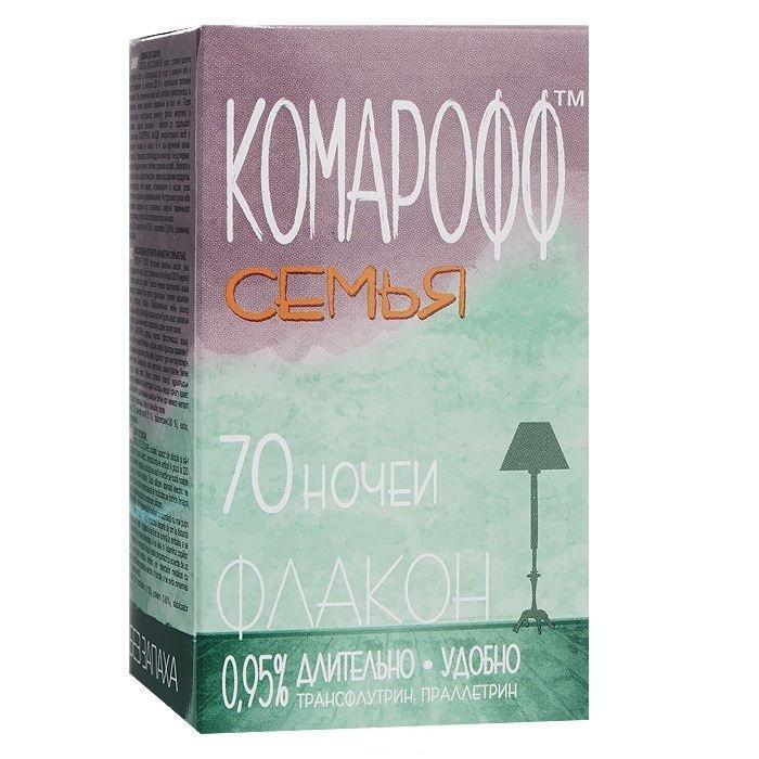 Жидкость от летающих насекомых Комарофф Семья, без запаха, 70 ночей, 45 млNN-627-LS-R Жидкость от летающих насекомых Комарофф Семья, без запаха, 70 ночей, 45 млNN-627-LS-RЖидкостной комплект Комарофф состоит из флакона с жидкостью от комаров и электронагревательного прибора. Легкое в применении, средство особенно удобно как для первичной покупки, так и для повторной, например, для второй комнаты. Электроприбор универсален: подходит как для жидкости, так и для пластин. Жидкостной комплект из серии «Защита» от комаров – это эффективное и безопасное средство борьбы с летающими насекомыми. Действующее вещество – праллетрин (0,7%); без запаха. Флакон (45 мл) рассчитан на применение в течение 70 ночей; действие проявляется через 10-15 минут после включения электроприбора с жидкостным флаконом в электрическую розетку. Характеристики:Объем флакона: 45 мл. Состав: трансфлутрин - 0,15%, праллетрин - 0,8%, растворитель, стабилизатор. Товар сертифицирован.
