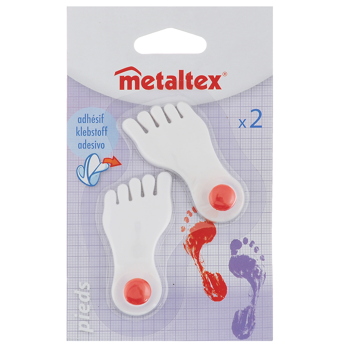 Набор крючков Metaltex Pieds, 2 шт57408 Набор крючков Metaltex Pieds, 2 шт57408Набор настенных крючков Metaltex Pieds изготовлен из прочного пластика в виде левой и правой ножки. Они прекрасно подойдут для вашей ванной комнаты или кухни и не займут много места, надежно выдержав все, что вы на них повесите. Крючки могут крепится на стену с помощью липкой ленты которая находится на задней стороне крючка.Размер крючка: 3 см х 1,5 см х 6,5 см.Комплектация: 2 шт.