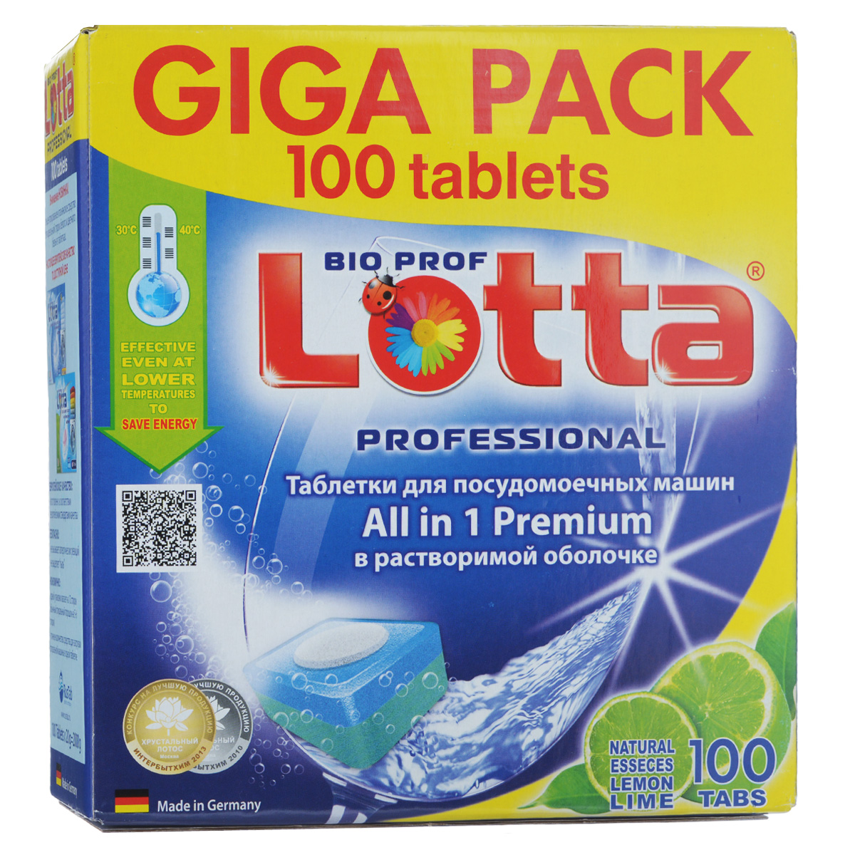 Таблетки для посудомоечных машин Lotta All in 1 Premium, c ароматом лимона, 100 шт787502 Таблетки для посудомоечных машин Lotta All in 1 Premium, c ароматом лимона, 100 шт787502Применение таблеток Lotta All in 1 Premium облегчает использование посудомоечных машин. Содержание активного кислорода и специального энзимного комплекса эффективно удаляет стойкие загрязнения, жирные пятна и предотвращает появления накипи. Специальные добавки смягчают воду. Таблетки придают идеальный блеск и чистоту посуде, защищают хрусталь и стекло от потускнения. Эффективны даже при низкой температуре. Достаточно поместить одну таблетку в дозатор посудомоечной машины и посуда приобретает идеальную чистоту и свежесть, без разводов и пятен.Вес одной таблетки: 20 г.Количество таблеток в упаковке: 100 шт.Состав: средство для мытья, ополаскиватель, соль, кислородосодержащий отбеливатель, средство от коррозии, энзимы, ароматизатор лимон, растворимая оболочка.Товар сертифицирован.