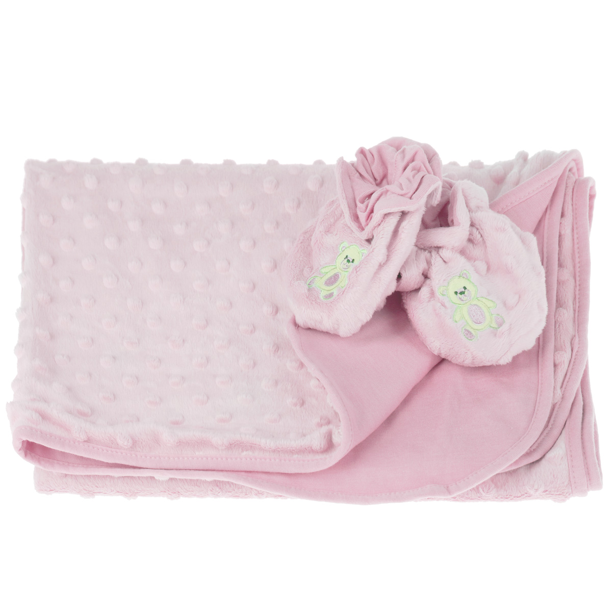 Набор детский Baby Nice: покрывало, пинетки, цвет: розовый531-105 Набор детский Baby Nice: покрывало, пинетки, цвет: розовый531-105Детский набор Baby Nice в коляску, состоит из одеяла и пинеток. Набор изготовлен из экологичных материалов: верх изготовлен из ткани нового поколения Micro Velour, обладающей терморегулирующими и влагорегулирующими свойствами, подкладка - 100% натуральный хлопчатобумажный трикотаж. Пинетки украшены небольшой вышивкой в виде мишек. Они дышащие, из легкой воздухопроницаемой ткани, и сохраняющие тепло, что не позволят замерзнуть ножкам ребенка. Мама малыша, укрытого потрясающе мягким, необыкновенно легким и исключительно теплым одеялом, может быть спокойна за покой и комфортный сон своего ребенка на прогулке, на свежем воздухе. Набор окрашен гипоаллергенными красителями. Размер одеяла: 70 см х 98 см. Пинетки для детей от 0 до 3 лет.