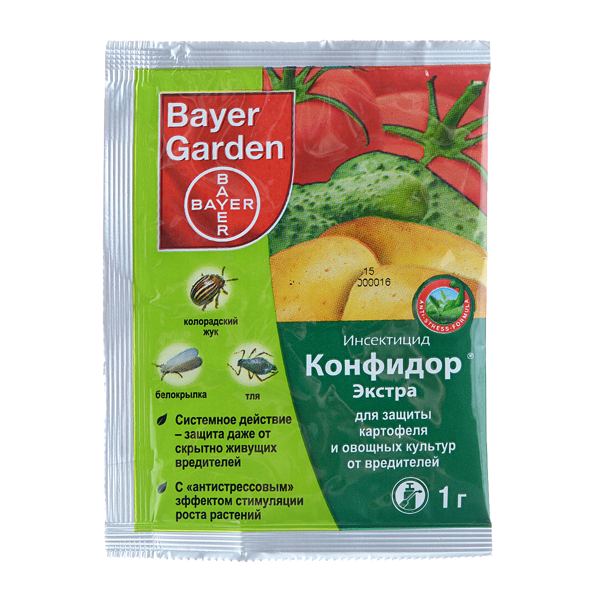 Инсектицид Bayer Garden Конфидор Экстра, для защиты картофеля и овощных культур от вредителей, 1 гGC220/05 Инсектицид Bayer Garden Конфидор Экстра, для защиты картофеля и овощных культур от вредителей, 1 гGC220/05Инсектицид Bayer Garden Конфидор Экстра выполнен в виде водно-диспергируемых гранул и предназначен для защиты картофеля и овощных культур от вредителей. Очень эффективен против колорадского жука, белокрылки, тли и табачного трипса. Срок ожидания: 20 дней для картофеля, 5 дней для томата и огурцов.Вес: 1 г.Действующее средство: имидаклоприд.Концентрация: 700 г/кг.
