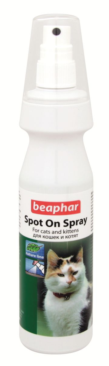 Спрей для кошек и котят Beaphar Spot on Spray, от блох и клещей, 150 мл0120710 Спрей для кошек и котят Beaphar Spot on Spray, от блох и клещей, 150 мл0120710Натуральный спрей от клещей и блох для кошек и котят. Спрей прозрачный, светло-зеленого цвета, с запахом цитронеллы.Действующие вещества: мыльный спирт (Spiritus saponatus), масло мангозы, масло рициновое, масло подсолнечное, масло цитронеллы, масло лаванды, масло бергамота.Вспомогательные вещества: вода, эмульгаторы, красители.Способ применения: перед применением следует взболтать содержимое флакона. Животное следует обрабатывать, двигаясь от хвоста к голове. Нужно направлять струю против шерсти и втирать жидкость в спину, бока, внутреннюю сторону бедер, хвост и кончики ушей.Не следует направлять спрей в глаза, нос, уши, пасть и гениталии животного. После обработки необходимо дать шерсти высохнуть самой (нельзя использовать полотенце или фен). После сушки следует расчесать шерсть животного.Нет ограничений по продолжительности использования.Продолжительность действия спрея - несколько дней.Можно использовать с 12-недельного возраста. Товар сертифицирован.