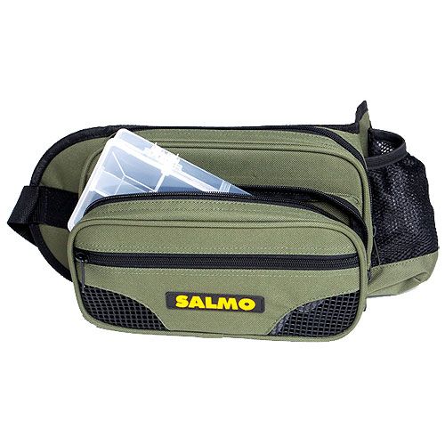 Сумка рыболовная поясная Salmo 59, цвет: зеленый, черный, 26 см х 15 см х 6,5 см37707 Сумка рыболовная поясная Salmo 59, цвет: зеленый, черный, 26 см х 15 см х 6,5 см37707Поясная рыболовная сумка Salmo 59 выполнена из прочного нейлона. Имеет 1 вместительное отделение на застежке-молнии. Спереди имеется 2 кармана на застежке-молнии. На поясе расположен сетчатый карман. Поясной ремень регулируется по длине.В комплекте пластиковая коробка для переноски снастей.Количество отделений коробки: 8.