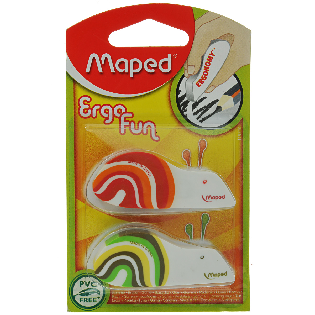 Набор ластиков Maped Ergo Fun, 2 штFS-36054 Набор ластиков Maped Ergo Fun, 2 штFS-36054Набор ластиков Maped Ergo Fun состоит из двух ластиков в виде забавных улиток, выполненных из экологически чистого каучука. Эргономичная форма ластика удобна для детских рук. Удобная форма обеспечивает точное простое стирание тонких и широких линий. Ластики в форме ярких улиток несомненно привлекут внимание и интерес вашего ребенка к процессу обучения.