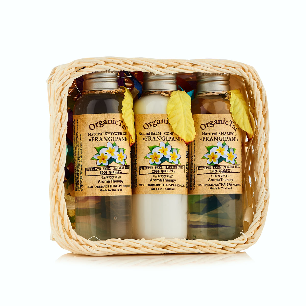OrganicTai (НАБОР) Натуральный шампунь для волос «ФРАНЖИПАНИ» 120 мл, Натуральный бальзам-кондиционер «ФРАНЖИПАНИ» 120 мл, Натуральный гель для душа «ФРАНЖИПАНИ», 120 мл(120 мл*3)FS-00897 OrganicTai (НАБОР) Натуральный шампунь для волос «ФРАНЖИПАНИ» 120 мл, Натуральный бальзам-кондиционер «ФРАНЖИПАНИ» 120 мл, Натуральный гель для душа «ФРАНЖИПАНИ», 120 мл(120 мл*3)FS-00897Набор состоит из Натурального шампуня для волос «ФРАНЖИПАНИ» 120 мл., Натурального бальзама-кондиционера «ФРАНЖИПАНИ» 120 мл., Натурального геля для душа «ФРАНЖИПАНИ», 120 мл. и плетеной корзинки. Эти продукты имеют уникальную формулу. Не содержат воду, консерванты парабены и синтетические пенящиеся вещества сульфаты (без SLS, SLES и др.). С натуральной моющей основой, высокой концентрацией органических экстрактов и эфирных масел ФРАНЖИПАНИ, МОРСКИХ ВОДОРОСЛЕЙ, ЗЕЛЕНОГО ЧАЯ, ОГУРЦА, ГРЕЙПФРУТА, ЛАВАНДЫ, ЖОЖОБА, АЛОЭ ВЕРА и ПАНТЕНОЛ восстанавливают структуру каждого волоса от корней до самых кончиков, интенсивно питают, укрепляют и придают волосам шикарный блеск. Манящий аромат ФРАНЖИПАНИ относят к АФРОДИЗИАКАМ – искушающим и вызывающим желание. Эти продукты поразят Вас своей эффективностью, очаруют притягательным ароматом, порадуют экономичностью.