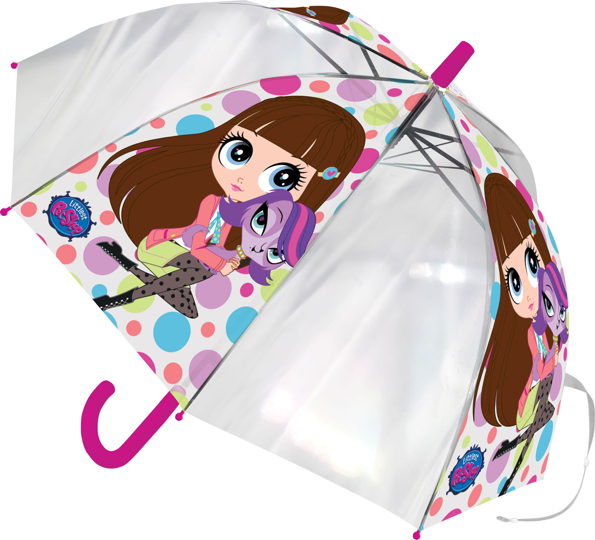 Зонт-трость детский Littlest Pet Shop, цвет: розовый, белый, сиреневый, салатовыйREM12-CAM-GREENBLACK Зонт-трость детский Littlest Pet Shop, цвет: розовый, белый, сиреневый, салатовыйREM12-CAM-GREENBLACKЯркий детский зонт-трость Littlest Pet Shop станет замечательным подарком вашему ребенку и доставит ему много удовольствия. Его форма надежно защитит ребенка в дождливую погоду. Все выступающие металлические части закрыты пластиком, что является защитой от возможных повреждений. Купол зонта выполнен из полиэфирного эластомера и оформлен ярким рисунком. Закрывается хлястиком на кнопку. Каркас зонта выполнен из восьми металлических спиц и оснащен удобной закругленной пластиковой рукояткой. Зонт раскладывается автоматически и складывается механически.