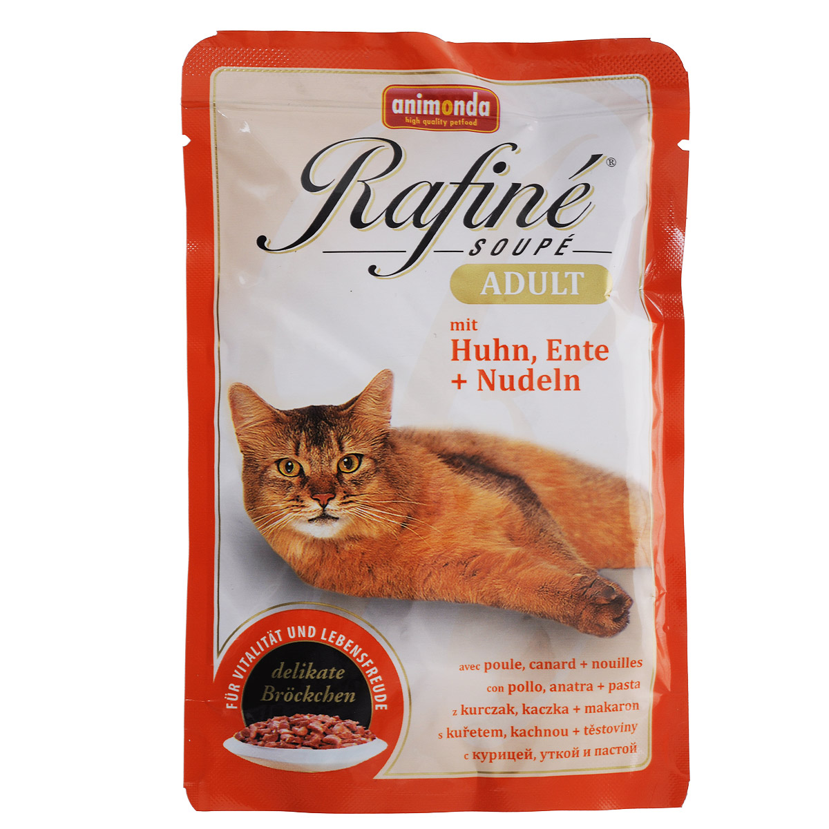 Консервы для кошек Animonda Rafine Soupe Adult, с курицей, уткой и пастой, 100 г0120710 Консервы для кошек Animonda Rafine Soupe Adult, с курицей, уткой и пастой, 100 г0120710Линия консервированного полноценного питания Rafine Soupe Adult создана для рафинированных гурманов в кошачьем царстве. Вся продукция этой линии содержит тщательно сбалансированную комбинацию жизненно важных витаминов и минералов. Состоит из специально отобранных сортов мяса. Не содержит сои, искусственных красителей и консервантов. мясо и субпродукты животного происхождения. Нежное мясо птицы - источник протеина, необходимого кошке оставаться в отличной физической форме. Настоящая паста из твердых сортов пшеницы нормализует процессы пищеварения и микрофлору кишечника.Состав: мясо и мясные продукты (курица 20%, утка 10%), макаронные изделия (паста 4%), злаки, минералы. Анализ: белок 8%, жир 5%, клетчатка 0,3%, зола 2%, влажность 81%. Полноценное консервированное питание для взрослых кошек высшего качества.Добавки на 1 кг продукта: витамин D3 250 МЕ, медь 2 мг, цинк 5 мг, марганец 1,5 мг, йод 0,5 мг. Вес: 100 г. Товар сертифицирован.