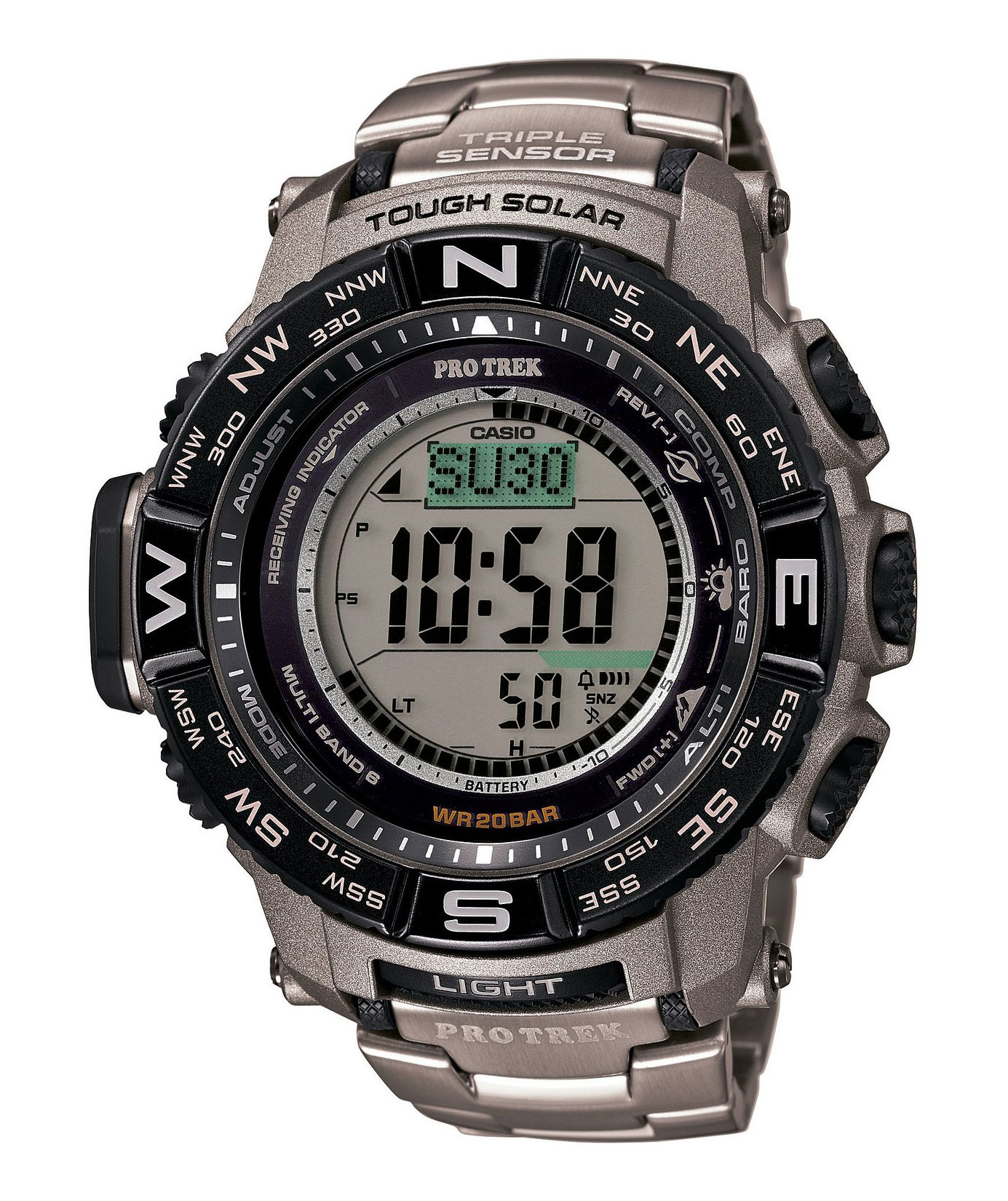 Часы мужские наручные Casio PRO TREK, цвет: титановый, черный. PRW-3500T-7EBM8434-58AE Часы мужские наручные Casio PRO TREK, цвет: титановый, черный. PRW-3500T-7EBM8434-58AEСтильные мужские часы Casio PRO TREK выполнены из нержавеющей стали, полимерных материалов и минерального стекла. Изделие дополнено подсветкой высокой яркости, корпус часов оформлен символикой бренда. В часах предусмотрен цифровой отсчет времени.Часы оснащены функцией мирового времени, которая позволяет мгновенно выяснять текущее время. Часы могут быть настроены на подачу тонального или светового сигнала при наступлении выставленного времени. Функция таймера позволит обеспечить обратный отсчет времени, начиная с выставленного и подачу тонального или светового сигнала, когда отсчет доходит до нуля. Функция секундомера позволит замерять прошедшее время в пределах тысячи часовс точностью 1/100 секунды, предусмотрен будильник, термометр, цифровой компас, альтиметр, барометр. Степень влагозащиты 20 atm. Изделие дополнено браслетом из стали. Браслет застегивается на замок-клипсу, который позволит максимально комфортно и быстро снимать и одевать часы.Часы поставляются в фирменной упаковке.Многофункциональные часы Casio PRO TREK подчеркнут мужской характер и отменное чувство стиля у их обладателя.