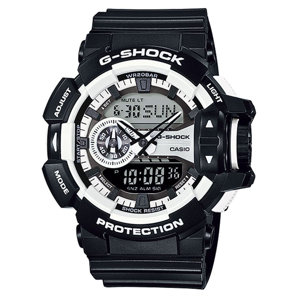Часы мужские наручные Casio G-SHOCK, цвет: черный, белый. GA-400-1ABM8434-58AE Часы мужские наручные Casio G-SHOCK, цвет: черный, белый. GA-400-1ABM8434-58AEСтильные мужские часы Casio G-SHOCK выполнены из полимерных материалов и минерального стекла. Изделие дополнено светодиодной подсветкой высокой яркости, корпус часов оформлен символикой бренда. В часах предусмотрен аналоговый и цифровой отсчет времени. Часы оснащены функцией мирового времени, которая позволяет мгновенно выяснять текущее время. Часы могут быть настроены на подачу тонального или светового сигнала при наступлении выставленного времени. Функция таймера позволит обеспечить обратный отсчет времени, начиная с выставленного и подачу тонального или светового сигнала, когда отсчет доходит до нуля. Функция секундомера позволит замерять прошедшее время в пределах тысячи часовс точностью 1/100 секунды. Степень влагозащиты 20 atm. Изделие дополнено ремешком из полимерного материала, который обладает антибактериальными и запахоустойчивыми свойствами. Ремешок застегивается на пряжку, позволяющую максимально комфортно и быстро снимать и одевать часы.Часы поставляются в фирменной упаковке.Многофункциональные часы Casio G-SHOCK подчеркнут мужской характер и отменное чувство стиля у их обладателя.