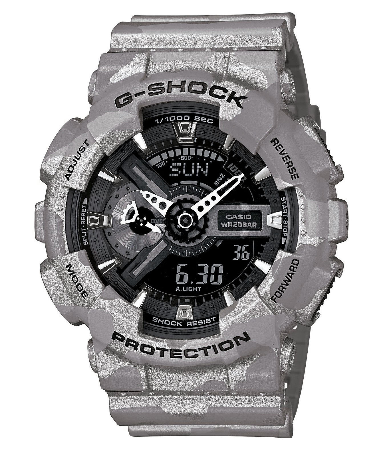 Часы мужские наручные Casio G-SHOCK, цвет: серый, камуфляж. GA-110CM-8A10130-11 Часы мужские наручные Casio G-SHOCK, цвет: серый, камуфляж. GA-110CM-8A10130-11Стильные мужские часы Casio G-SHOCK выполнены из полимерных материалов и минерального стекла. Изделие дополнено светодиодной подсветкой высокой яркости, корпус часов оформлен символикой бренда и оригинальным принтом. В часах предусмотрен аналоговый и цифровой отсчет времени. Часы оснащены функцией мирового времени, которая позволяет мгновенно выяснять текущее время. Часы могут быть настроены на подачу тонального или светового сигнала при наступлении выставленного времени. Функция таймера позволит обеспечить обратный отсчет времени, начиная с выставленного и подачу тонального или светового сигнала, когда отсчет доходит до нуля. Функция секундомера позволит замерять прошедшее время в пределах тысячи часовс точностью 1/100 секунды, предусмотрен будильник. Степень влагозащиты 20 atm. Изделие дополнено ремешком из полимерного материала, который обладает антибактериальными и запахоустойчивыми свойствами. Ремешок застегивается на пряжку, позволяющую максимально комфортно и быстро снимать и одевать часы.Часы поставляются в фирменной упаковке.Многофункциональные часы Casio G-SHOCK подчеркнут мужской характер и отменное чувство стиля у их обладателя.