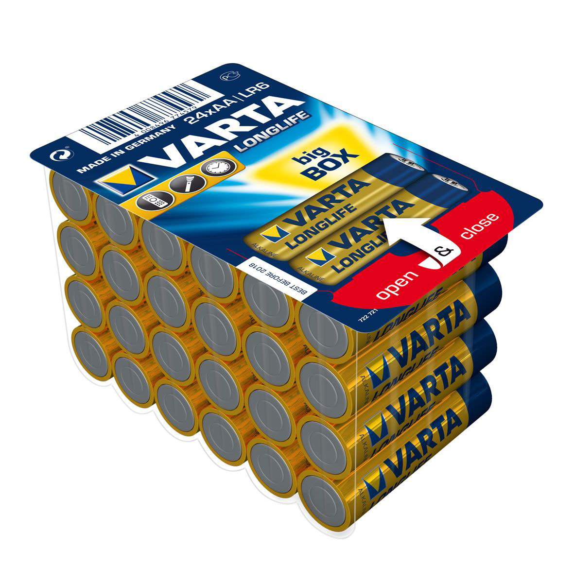 Батарейки Varta Longlife, тип AA, 24 шт39310 Батарейки Varta Longlife, тип AA, 24 шт39310Щелочные гальванические элементы питания Varta Longlife - оптимальный выбор для использования в современных приборах, таких изделиях как фонари, пульты дистанционного управления, часы, диктофоны, электронные игрушки, калькуляторы и т.д.Не разбирать, не перезаряжать, не подносить к открытому огню. Не замыкать контакты. При установке соблюдать полярность (+/-). Хранить в недоступном для детей месте. Размер батарейки: 4,3 см х 1 см. Тип элемента питания: щелочная.
