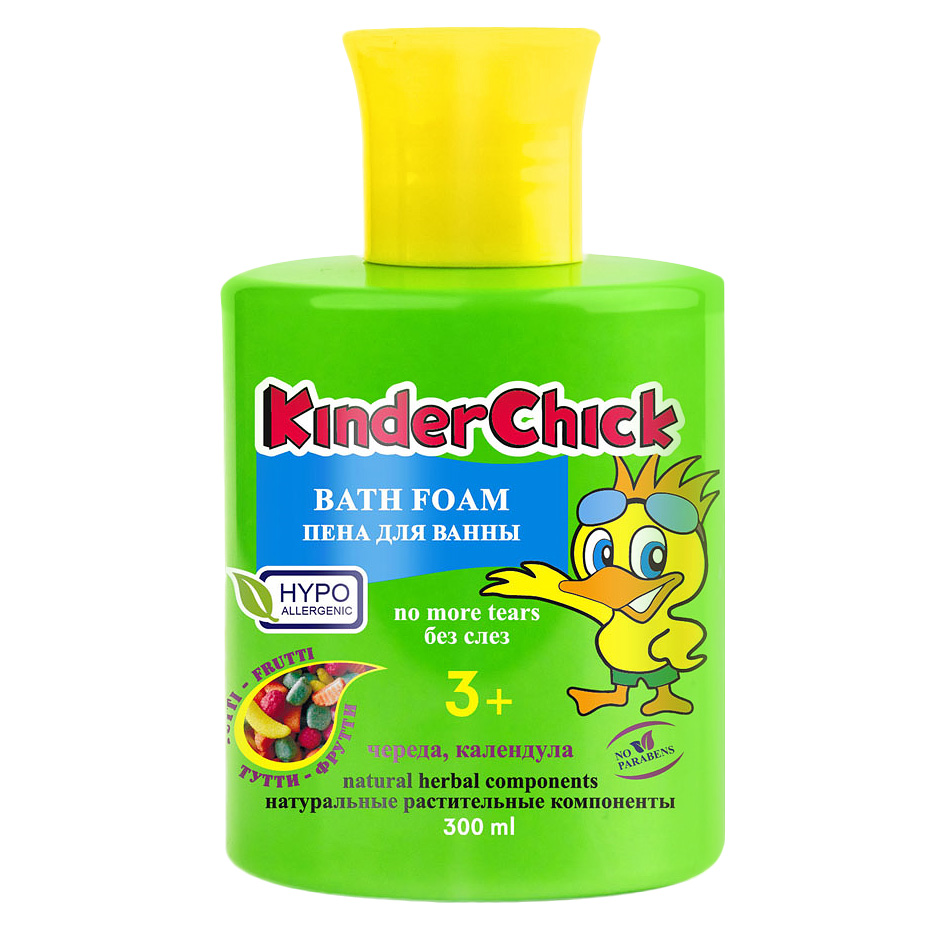 Kinder Chick Детская пена для ванны Тутти-фрутти, 300 млFS-00897 Kinder Chick Детская пена для ванны Тутти-фрутти, 300 млFS-00897Детская пена для ванны Kinder Chick Тутти-фрутти со вкусным конфетным ароматом Тутти-фрутти обязательно понравится вам и вашему ребенку. Пена содержит натуральные растительные экстракты календулы и череды. Без красителей и парабенов, pH-нейтральный. Гипоаллергенно. Разработана специально для мягкого очищения чувствительной детской кожи. Не раздражает кожу, не сушит её, формула без слез не щиплет глазки. Идеально подходит и для взрослых.Товар сертифицирован.
