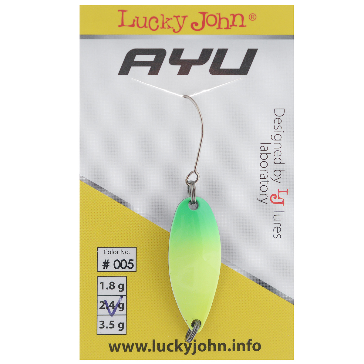 Блесна колеблющаяся Lucky John TR AYU, цвет: зеленый, желтый, 2,4 г10936 Блесна колеблющаяся Lucky John TR AYU, цвет: зеленый, желтый, 2,4 г10936Lucky John TR AYU - колеблющаяся блесна, которая по достоинству будет оценена прежде всего любителями ловли форели на спиннинговые снасти. На блесне выбито название и вес для удобства. Углубление в хвостовой части обеспечивает плавную игру с покачиванием в разные стороны.