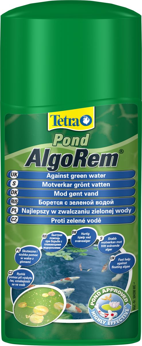 Средство от цветения воды из-за водорослей Tetra Pond AlgoRem, 1 л0120710 Средство от цветения воды из-за водорослей Tetra Pond AlgoRem, 1 л0120710Средство Tetra Pond AlgoRem предназначено для борьбы с цветением воды. Специальный состав позволяет собирать планктонные водоросли в комки, способствуя их быстрому удалению из водоема, и очищать воду, не оказывая отрицательного влияния на природный биологический баланс водоема. Удаляя из воды фосфаты, препарат предотвращает рост водорослей. Tetra Pond AlgoRem не содержит ядовитых веществ, свободен от альгицидов и гербицидов, сохраняет свое действие в течение нескольких часов. При правильном использовании препарат Tetra Pond AlgoRem безопасен для рыб и водных растений. Применение и дозировка: 5 мл на 100 литров воды, через 4 недели внести дополнительно половинную дозу препарата.Товар сертифицирован.