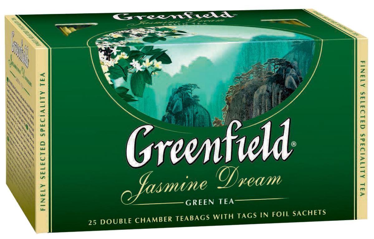 Greenfield Jasmine Dream зеленый ароматизированный чай в пакетиках, 25 шт0120710 Greenfield Jasmine Dream зеленый ароматизированный чай в пакетиках, 25 шт0120710Жасминовый чай ценится за особенный бодрящий эффект. Воздушный аромат жасмина подчеркивает чистый, освежающий вкус благородного зеленого чая из провинции Юньнань.Вместе с Greenfield Jasmine Dream приходит весеннее настроение!