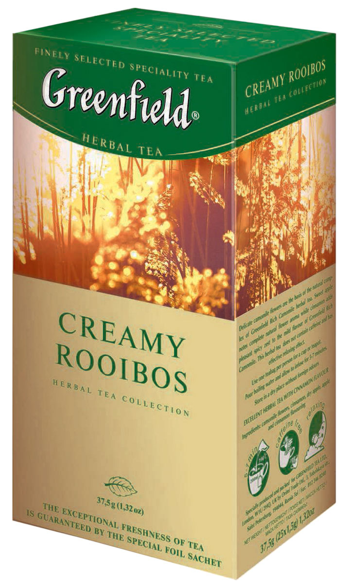 Greenfield Creamy Rooibos травяной чай в пакетиках, 25 шт0120710 Greenfield Creamy Rooibos травяной чай в пакетиках, 25 шт0120710Естественный сладковатый вкус этнического напитка Greenfield Creamy Rooibos из молодых побегов южноафриканского кустарника ройбош становится еще более выразительным благодаря тонкому, едва уловимому оттенку ванили. Яркий аромат апельсина подчеркивает свежесть природного букета. Не содержит кофеина, является природным антиоксидантом, хорошо утоляет жажду и снимает напряжение.