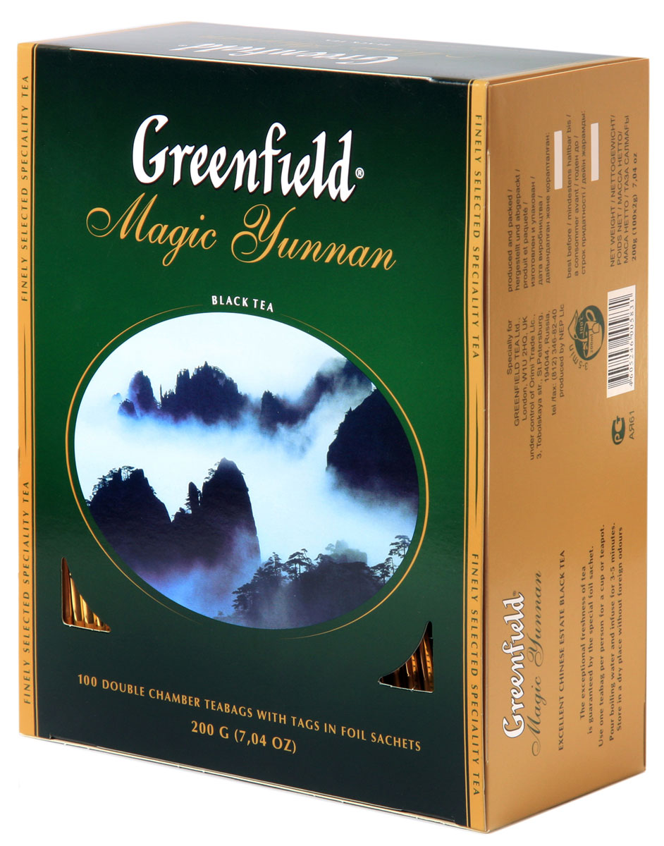 Greenfield Magic Yunnan черный чай в пакетиках, 100 шт0120710 Greenfield Magic Yunnan черный чай в пакетиках, 100 шт0120710Особенный черный чай Greenfield Magic Yunnan со знаменитой высокогорной китайской плантации поражает неожиданным сочетанием двух изысканных вкусовых нот - дымного аромата и легкого оттенка чернослива. Неповторимый вкус чая Greenfield Magic Yunnan волнует душу и питает воображение.