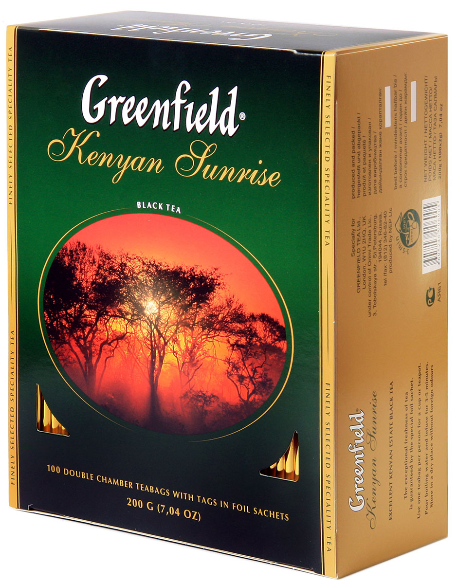 Greenfield Kenyan Sunrise черный чай в пакетиках, 100 шт0120710 Greenfield Kenyan Sunrise черный чай в пакетиках, 100 шт0120710Удивительная полнота насыщенного терпкого вкуса и тонкий аромат Greenfield Kenyan Sunrise - память о первозданной природе вечной Африки, а праздничная яркость янтарного настоя-словно отблеск жаркого африканского солнца, круглый год сияющего над плантациями Керичо, где собирали Greenfield Kenyan Sunrise.