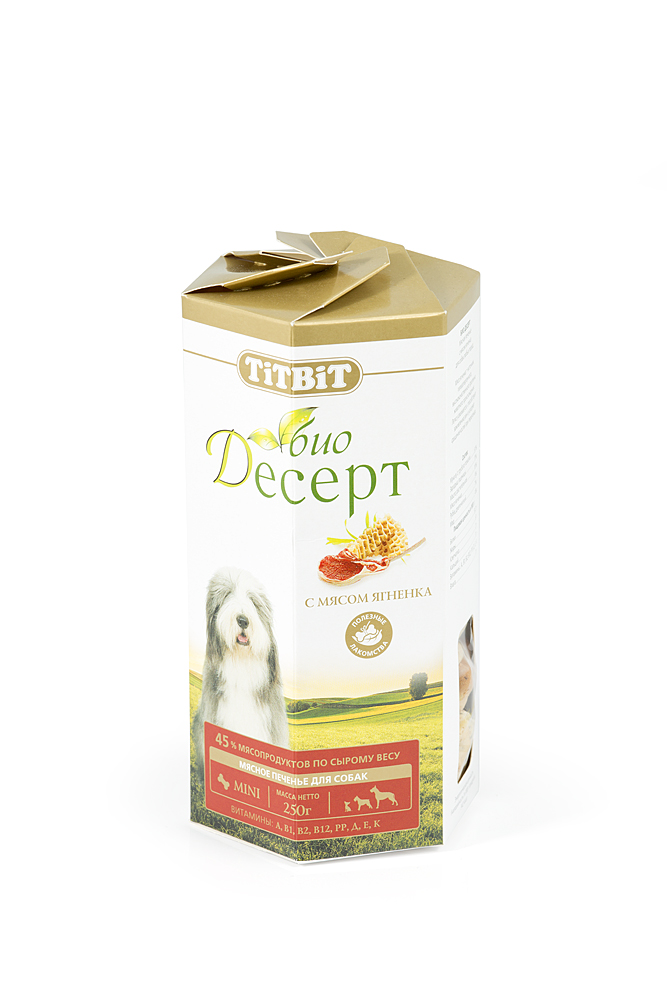 Лакомство для собак Titbit Био Десерт, печенье с мясом ягненка, 250 г0120710 Лакомство для собак Titbit Био Десерт, печенье с мясом ягненка, 250 г0120710Лакомство для собак Titbit Био Десерт изготовлено по новой технологии производства и имеет специально подобранный состав для поддержания нормального функционирования желудочно-кишечного тракта, иммунной системы, а также для стимулирования естественной регенерации здоровых клеток. Не содержит искусственных красителей и ароматизаторов. Уникальная структура лакомства способствует укреплению десен и снижает риск образования зубного камня.Мясо ягненка - это источник гипоаллергеного, высококачественного протеина животного происхождения, который легко усваивается и необходим при заживлении ран и переломах костей. Аромат баранины очень нравится собакам, поэтому лакомство удобно применять для дрессуры. Вещества, такие как цинк, витамин В12 и железо (2,6 мг/100г), благотворно влияют на умственную деятельность животного. В мясе ягненка содержатся так же витамин РР(5,4 мг/100г), который участвует в усвоении белков, жиров и углеводов, поступающих извне. Характеристики:Состав:мука в/с грубого помола - 53%, пшеничный зародыш - 17%, растительное масло - 10%, мясо ягненка - 9%, диетический рубец - 7%, мед - 4%.Пищевая ценность в 100 г:белок 14 г; жир 13 г; клетчатка 1 г; зола 1 г; влага 7 г.Энергетическая ценность на 100 г:433 ккал. Вес:250 г. Размер упаковки:18 см х 10 см х 10 см. Продукция торговой марки Titbit хорошо известна любителям домашних животных не только в России, но и за рубежом, и завоевала их искреннее доверие. Широкий ассортимент товаров (более 600 наименований) включает натуральные сушеные и прессованные лакомства, консервированные корма, мясную выпечку, комбинированные игрушки с лакомствами (не имеющие аналогов на рынке!), косметику (шампуни и кондиционеры), а также аксессуары (автогамаки для собак). Среди такого разнообразия хозяева собак, кошек, хорьков, птиц, грызунов и кроликов всегда найдут продукт, максимально соответствующий индивидуальным особенностям их питомцев. Лакомства Titbit производятся из натурального сырья, мяса и субпродуктов, приготовлены по особой технологии, позволяющей сохранить в продуктах большую часть питательных веществ, витаминов и микроэлементов. Не подвергаются высокотемпературной обработке, что позволяет сохранить структуру живой ткани.Выбирая продукцию под торговой маркой Titbit, вы выбираете здоровье и долголетие вашего питомца!