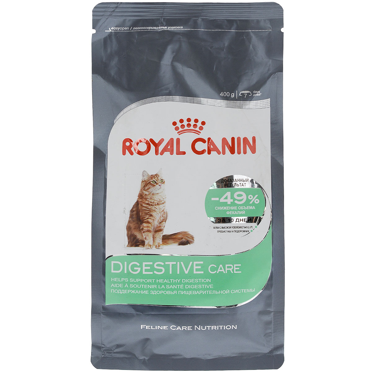 Корм сухой Royal Canin Digestive Care, для взрослых кошек с чувствительным пищеварением, 400 г0120710 Корм сухой Royal Canin Digestive Care, для взрослых кошек с чувствительным пищеварением, 400 г0120710Сухой корм Royal Canin Digestive Care - это полнорационный сбалансированныйкорм для кошек с расстройствами пищеварительной системы. По своей природе кошки регулярно потребляют небольшое количество пищи в течение дня. Однако, некоторые из них способны съесть достаточно большую порцию за короткое время, что может привести к пищеварительному расстройству и срыгиванию.Специальные крокеты разработаны для того, чтобы стимулировать тщательное пережевывание корма и предотвратить его заглатывание, что предотвратит срыгивание пищи.Формула специально разработана для того, чтобы способствовать оптимальному усвоению продукта и облегчить процесс пищеварения. В дальнейшем это приведет к уменьшению объема фекалий.Уход за ЖКТ-это точно сбалансированная питательная формула, которая помогает поддерживать здоровье пищеварительной системы.С двойным действием: - Легко усваивается: пищеварительная формула содержит белки чрезвычайно высокой усвояемости (L.I.P). В его основе лежит смесь пребиотиков (ФОС: фрукто-олиго-сахаридов) и волокон (в том числе подорожника). Эти компоненты способствуют оптимальному усвоению продукта и регулируют транзит пищи по кишечнику кошки. - Благодаря уникальной текстуре и форме крокет кошка тщательнее разгрызает корм, а не заглатывает его целиком, что позволяет увеличить время приема пищи. Тщательное разжевывание помогает сократить риск срыгивания и подготавливает пищу к перевариванию.Доказанные результаты: Объем фекалий снижается на 49% через 10 дней при кормлении исключительно продуктом DIGESTIVE CARE, благодаря улучшению пищеварения и усвоения питательных веществ.Содержит баланс минералов для поддержания здоровья мочевыводящих путей взрослой кошки. Состав: изолят растительного белка, пшеничная мука, рис, обезвоженная рыба, животные жиры, дегидратированный белок мяса птицы, гидролизат белков животного происхождения, кукурузный глютен, кукурузная мука, растительные волокна, мякоть цикория, минеральные вещества, соевое масло, рыбий жир, фрукто-олиго-сахариды (0.3%), подорожника шелухи и семян (0.2%).Добавки (на 1 кг): витамин А: 17000МЕ,Витамин D3: 900МЕ, Е1 (железо): 41мг, Е2 (йод): 4.1мг, Е4 (медь): 12мг, е5 (Марганец): 53мг, Е6 (цинк): 159мг - технологические добавки: Клиноптилолитосадочного происхождения: 10г - консерванты - антиоксиданты.Товар сертифицирован.