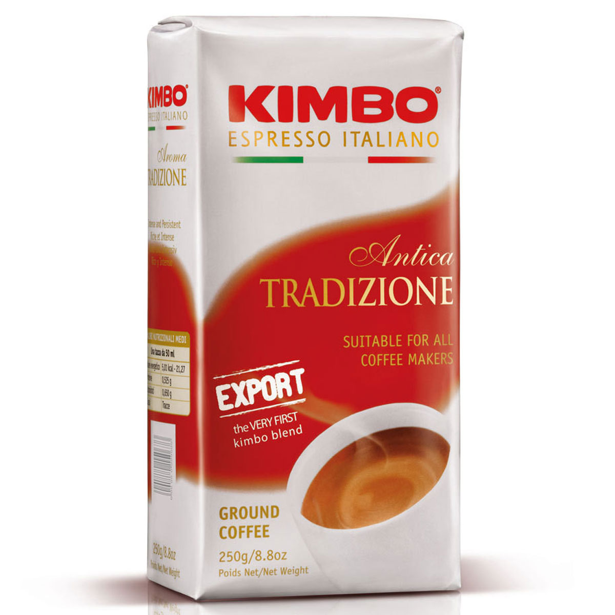 Kimbo Antica Export кофе молотый, 250 г101246 Kimbo Antica Export кофе молотый, 250 г101246Натуральный жареный молотый кофе Kimbo Antica Export. Этот купаж напоминает Espresso Neapolitano, но является более мягким и чуть менее интенсивным по вкусу. Позволяет приготовить насыщенный и вкусный эспрессо. Смесь содержит 95% арабики и 5% робусты.