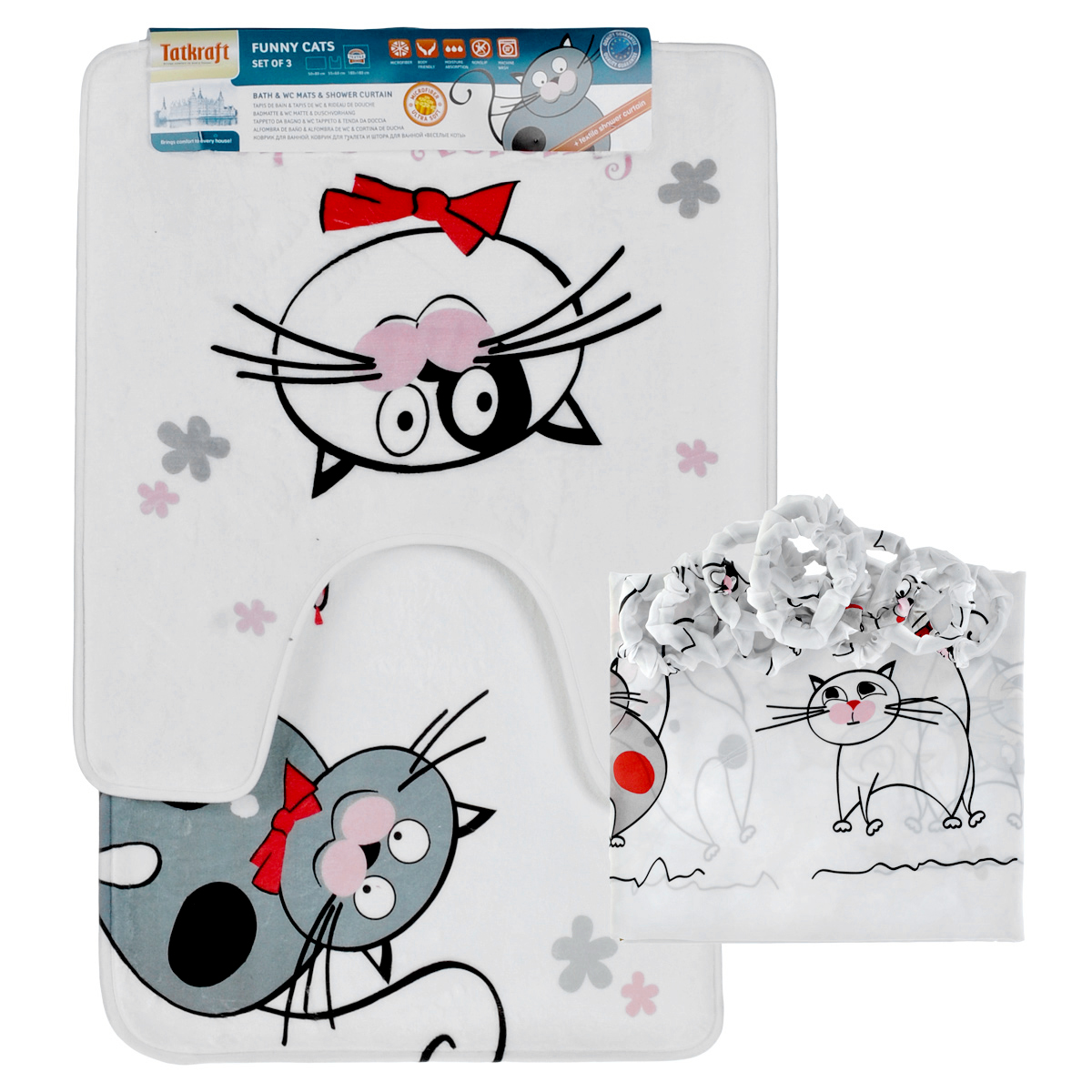 Набор для ванной комнаты Tatkraft Funny Cats, цвет: белый, 3 предмета41619 Набор для ванной комнаты Tatkraft Funny Cats, цвет: белый, 3 предмета41619Набор для ванной комнаты Tatkraft Funny Cats состоит из коврика для ванной, коврика для туалета и шторы для ванной. Коврики выполнены из микрофибры (100% полиэстера) со специальным противоскользящим основанием и украшены изображением веселых котов. За счет низкой гигроскопичности коврики не теряют своих свойств даже при высокой влажности. Они гипоаллергенны, гигиеничны, не подвержены воздействию микроорганизмов и плесени. Коврики идеально сочетаются со шторой для ванной комнаты, выполненной из полиэстера. Штора содержит утяжелитель для отвеса. В комплект входит 12 обшитых тканью колец, исключающих неприятный шум при использовании шторки. Набор для ванной комнаты Tatkraft Funny Cats подарит вам ощущение тепла и комфорта, а изысканный дизайн поможет привнести уют в вашу ванную комнату.Размер коврика для ванной: 50 см х 80 см.Размер коврика для туалета: 55 см х 60 см.Размер шторы: 180 см х 180 см.