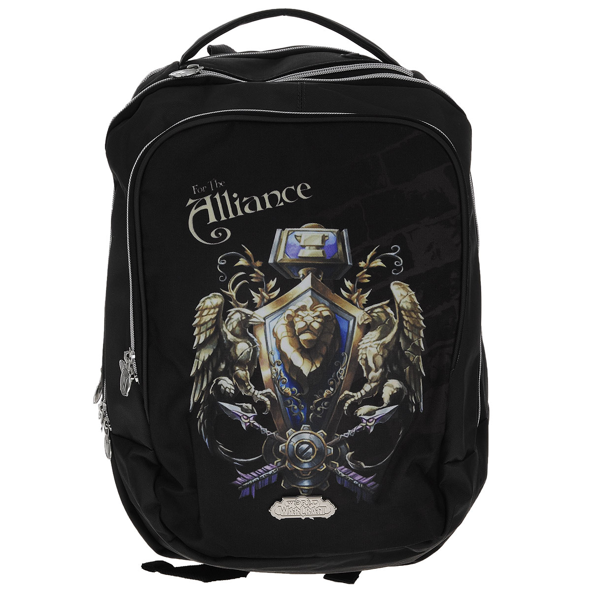 Рюкзак молодежный Proff World of Warcraft, цвет: черный, темно-серый. WC15-BPA-141904508 Рюкзак молодежный Proff World of Warcraft, цвет: черный, темно-серый. WC15-BPA-141904508Рюкзак молодежный Proff WarCraft сочетает в себе современный дизайн, функциональность и долговечность.Он выполнен из водонепроницаемого, морозоустойчивого материла черного и темно-серого цветов. Рюкзак состоит из двух вместительных отделений, закрывающихся на металлические застежки-молнии с двумя бегунками. Внутри отделения ближе к спине находится мягкий карман, закрывающийся хлястиком на липучке, который можно использовать для гаджетов, а также имеется открытый карман. Лицевая сторона рюкзака оснащена накладным карманом на молнии, внутри которого имеются три кармашка для пишущих принадлежностей, два открытых кармашка для мелких предметов и брелок для ключей. Рюкзак оснащен удобной эргономичной ручкой для переноски в руке. Под ручкой расположен специальный карман для плеера с выводом для наушников. Конструкция спинки дополнена двумя эргономичными подушечками, противоскользящей сеточкой и системой вентиляции для предотвращения запотевания спины ребенка. Мягкие широкие лямки позволяют легко и быстро отрегулировать рюкзак в соответствии с ростом.Этот рюкзак можно использовать для школьников, повседневных прогулок, отдыха и спорта, а также как элемент вашего имиджа.Рекомендуемый возраст: от 7 лет.