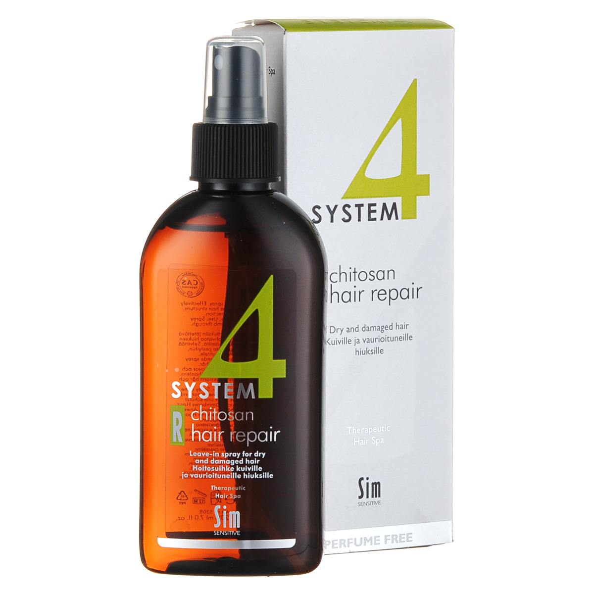 SIM SENSITIVE Восстановление волос R SYSTEM 4 Chitosan Hair Repair «R» , 200 млMP59.4D SIM SENSITIVE Восстановление волос R SYSTEM 4 Chitosan Hair Repair «R» , 200 млMP59.4DКАК РАБОТАЕТ:хитозан восстанавливает ослабленную структуру кератинового слоя волоса, останавливает его расслоение. Гидролизованный растительный белок убирает статическое электричество на волосах. Гидролизованный коллаген, пшеничные протеины и диметиконы работают на восстановление стержня волоса. Имеет накопительный эффект. БОРЕТСЯ С:сухостью и ломкостью волос, расслоением стержня волоса, электризацией волос, отсутствием блеска волос, поврежденностью и стрессом волос после окрашивания, химиче-, ской обработки, частого воздействия горячих температур (фен,утюжки)