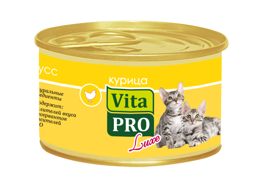 Консервы для котят Vita Pro Luxe, с курицей, мусс, 85 г0120710 Консервы для котят Vita Pro Luxe, с курицей, мусс, 85 г0120710Консервы для котят Vita Pro Luxe - это высококачественный корм в виде сочного, нежного мусса из натурального мяса. Не содержит ГМО, усилителей вкуса, сои, ароматизаторов и красителей. Состав: мясо и мясные продукты (курица минимум 14%), минеральные вещества, сахар (декстроза). Анализ состава: белок 9%, сырые масла и жиры 6%, сырая зола 3%, сырая клетчатка 0,1%, влажность 77%. Энергетическая ценность: 100 ккал/100 г. Добавки на 1 кг: витамин А 1100 МЕ, D3 140 МЕ, Е 10 мг; сульфата меди пентагидрат 4,4 мг (Cu 1,1 мг), таурин 490 мг, камедь кассии 3000 мг. Товар сертифицирован.