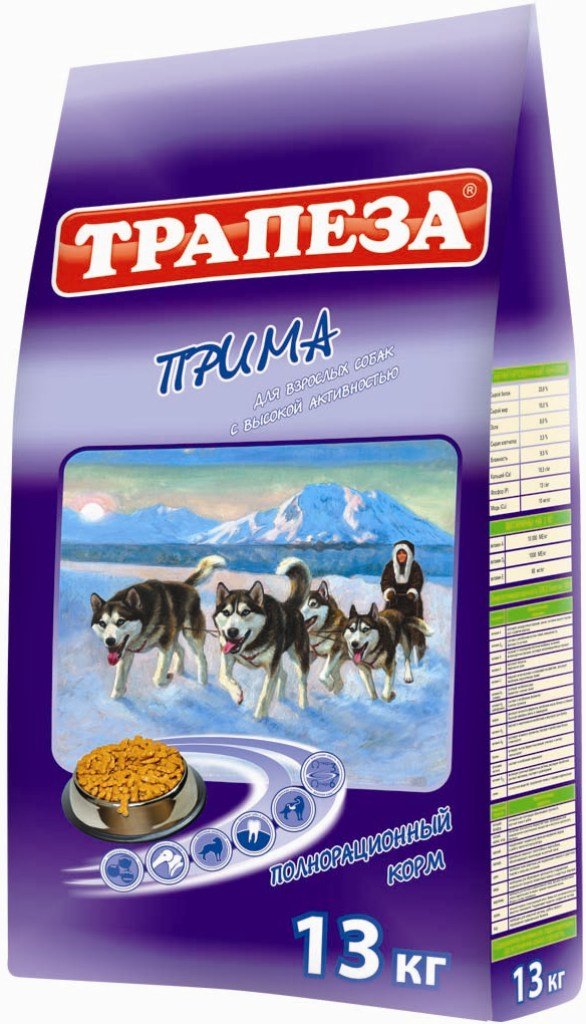 Корм сухой Трапеза Прима для активных собак, 13 кг0120710 Корм сухой Трапеза Прима для активных собак, 13 кг0120710Корм разработан специально для активных собак (содержащихся в вольере, а также в суровых климатических условиях) и имеет в своей основе три источника полноценного животного протеина: мясо, рыбу и курицу.Корм ПРИМА сбалансирован по уровню содержания ненасыщенных жирных кислот ОМЕГА-6 и ОМЕГА-3, их оптимальное соотношение (5:1) достигается сочетанием говяжьего, куриного и рыбьего жира, а также введением льняного масла. Высококачественные жиры, стабилизированные витаминами Е и С способствуют образованию и поддержанию отличного шерстного покрова, повышают иммунитет, обеспечивают организм Вашей собаки необходимой энергией. ПРОТЕИН - 25%, ЖИР - 12%, ЭНЕРГИЯ - 3600 кКал.Состав: говядина, мясо домашней птицы, мясные субпродукты, злаковые культуры, животные и растительные жиры, масла, витамины, минеральные вещества, микроэлементы.