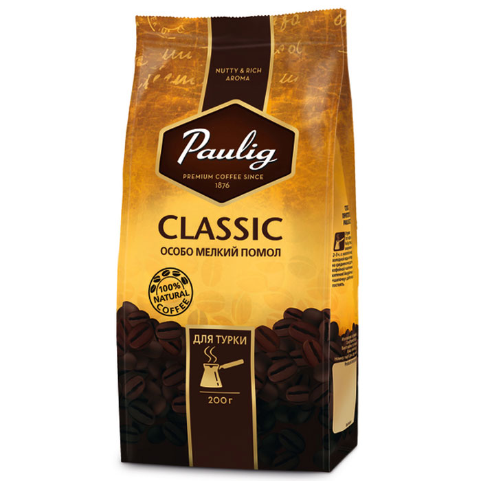 Paulig Classic кофе молотый для турки, 200 г101246 Paulig Classic кофе молотый для турки, 200 г101246Paulig Classic - великолепная натуральная кофейная смесь с богатым и продолжительным послевкусием. Большое количество российских потребителей предпочитают более крепкий (горький) кофе, поэтому специально для этого был сделан новый бленд Класик. В состав Paulig Classic входит робуста, которая придает кофе изысканную горчинку.