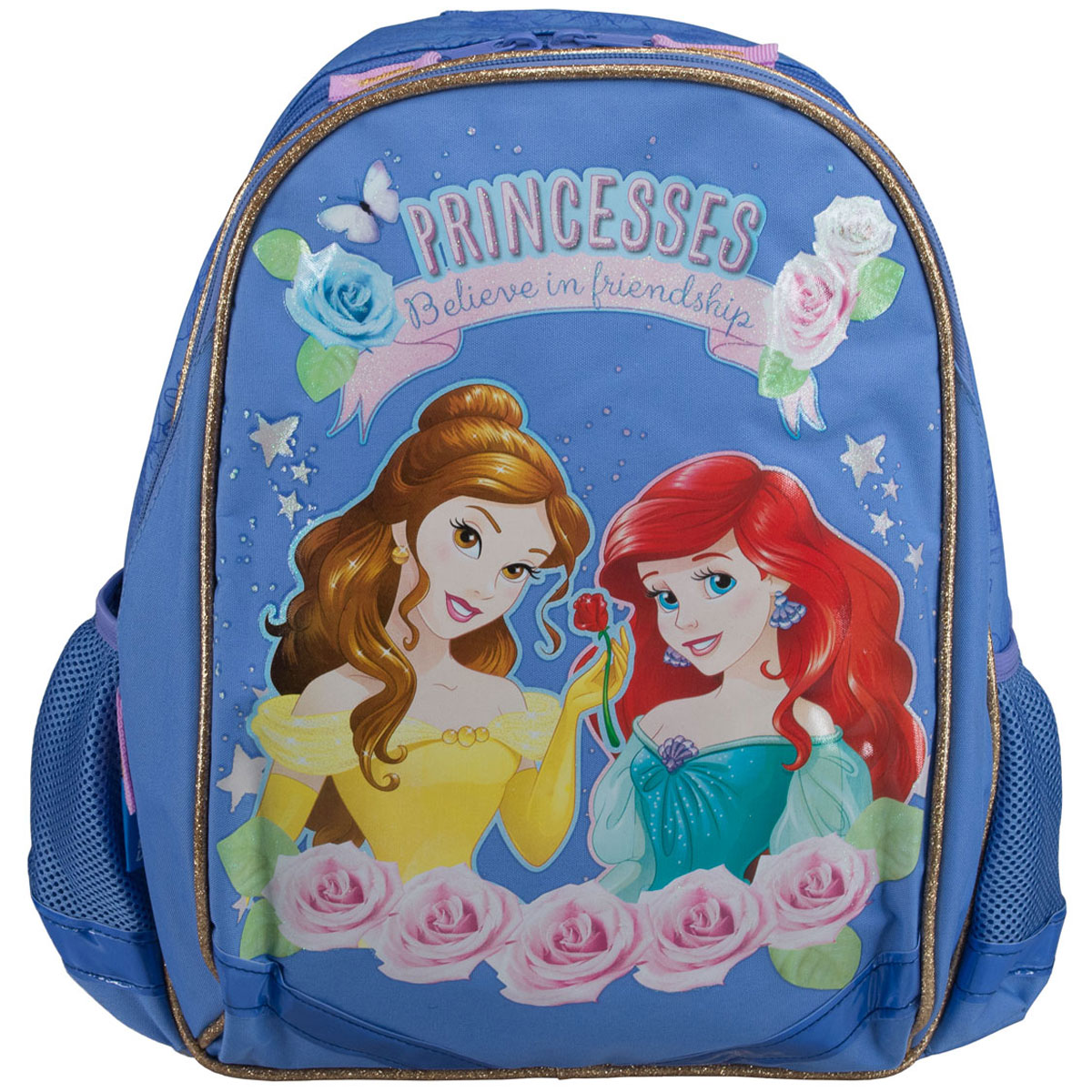 Рюкзак школьный Disney Princess Believe in Friendship, цвет: светло-фиолетовый. PRCB-MT1-97772523WD Рюкзак школьный Disney Princess Believe in Friendship, цвет: светло-фиолетовый. PRCB-MT1-97772523WDРюкзак школьный Disney Princess Believe in Friendship обязательно понравится вашей школьнице. Выполнен из прочных и высококачественных материалов, дополнен изображением очаровательных принцесс.Содержит два вместительных отделения, закрывающиеся на застежки-молнии. В большом отделении находятся две перегородки для тетрадей или учебников. Дно рюкзака можно сделать жестким, разложив специальную панель с пластиковой вставкой, что повышает сохранность содержимого рюкзака и способствует правильному распределению нагрузки. По бокам расположены два накладных кармана-сетка. Конструкция спинки дополнена противоскользящей сеточкой и системой вентиляции для предотвращения запотевания спины ребенка. Мягкие широкие лямки позволяют легко и быстро отрегулировать рюкзак в соответствии с ростом. Рюкзак оснащен эргономичной ручкой для удобной переноски в руке. Светоотражающие элементы обеспечивают безопасность в темное время суток.Такой школьный рюкзак станет незаменимым спутником вашего ребенка в походах за знаниями.Вес рюкзака без наполнения: 550 г.Рекомендуемый возраст: от 7 лет.