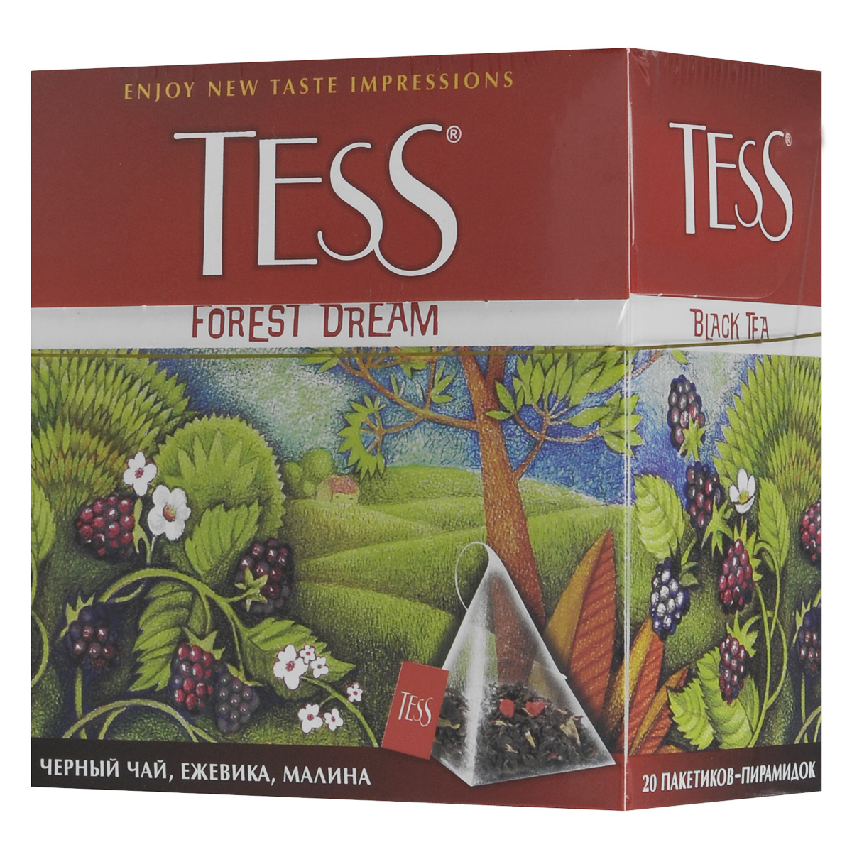 Tess Forest Dream черный чай в пирамидках, 20 шт0120710 Tess Forest Dream черный чай в пирамидках, 20 шт0120710Чудесная композиция благородного цейлонского чая Tess Forest Dream в пирамидках с кусочками ежевики и малины открывает новый великолепный вкус, в котором слышится благоухание ягодной опушки, согретой июльским солнцем.