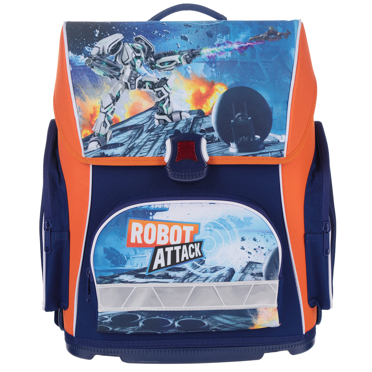 Ранец Hatber Robot Attack, модель Optimum, цвет: синий, оранжевый72523WD Ранец Hatber Robot Attack, модель Optimum, цвет: синий, оранжевый72523WDРанец Hatber Robot attack идеально подойдет для школьников!Ранец выполнен из водонепроницаемого, морозоустойчивого, устойчивого к солнечному излучению материала. Изделие оформлено изображением в виде робота.Содержит одно вместительное отделение, закрывающееся клапаном на замок-защелку. Внутри отделения имеется мягкая перегородка для тетрадей, учебников. Клапан полностью откидывается, что существенно облегчает пользование ранцем. На внутренней части клапана находится прозрачный пластиковый кармашек, в который можно поместить расписание занятий. Ранец имеет два боковых кармана, закрывающиеся на молнии. Лицевая сторона ранца оснащена накладным карманом на молнии.Жесткий анатомический каркас и форма спинки способствует равномерному распределению нагрузки и формированию правильной осанки. Конструкция спинки дополнена эргономичными подушечками, противоскользящей сеточкой и системой вентиляции для предотвращения запотевания спины ребенка. Широкие мягкие плечевые ремни оснащены удобными крючками для фиксации регулировочной ленты. S-образная форма лямок обеспечивает более плотную фиксацию ранца, предотвращая перенапряжение мышц спины. Ранец оснащен ручкой с резиновой насадкой для удобной переноски. Прочное пластиковое дно не деформируется и легко очищается от загрязнений. Светоотражающие элементы на лицевой стороне, боковых карманах и лямках рюкзака обеспечивают дополнительную безопасность в темное время суток.Многофункциональный школьный ранец станет незаменимым спутником вашего ребенка в походах за знаниями.