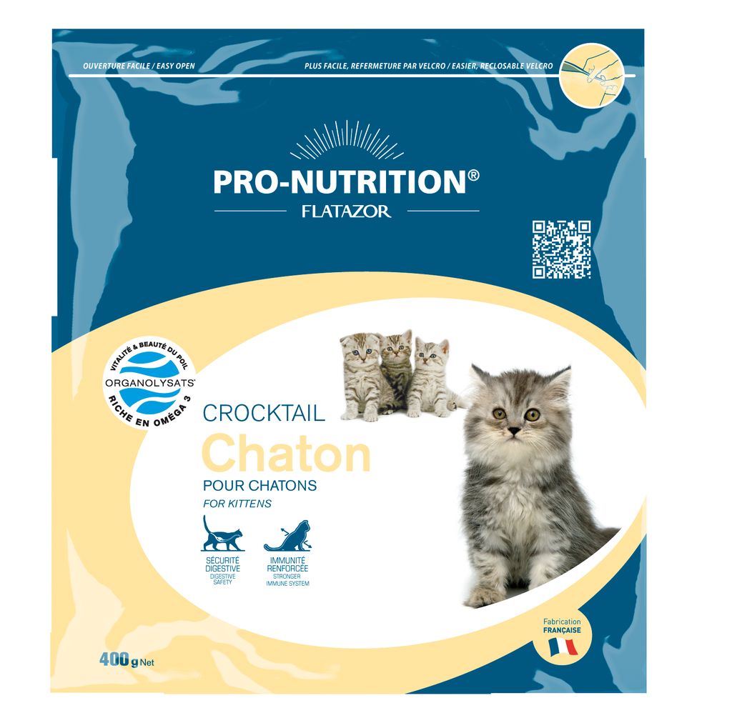 Flatazor Crocktail chaton для котят 0,4 кг0120710 Flatazor Crocktail chaton для котят 0,4 кг0120710Переход с другого корма на Crocktail CHATON следует осуществлять постепенно, последовательно увеличивая часть Crocktail CHATON. Корм можно давать как в сухом, так и в увлажнённом водой виде.Состав: Сухое (дегидратированное) мясо птицы (курица, утка, индейка). Кукуруза. Прежелатинизированный крахмал. Сухое (дегидратированное) мясо. Утиный жир. Семена льна. Сухая (дегидратированная) рыба. Животный жир. Кукурузный глютен. Яблочные волокна. Гидролизированные животные протеины. Яичный порошок. Рапсовое масло. Хлорид аммония. Рыбные аутолизаты (органолизаты 0,5%). Морская соль. Метионин. Фруктоолигосахариды. Экстракт дрожжей. Юкка. Таурин. Витаминные и минеральные добавки.Рекомендации: для всех породВес животного, кг: 2-6Минеральные вещества: Сырой протеин 34 %. Сырой жир 19 %. Сырая клетчатка 1,5 %. Зола 8 %. Кальций 1,1 %. Фосфор 0,7 %. Натрий 0,49 %. Калий 0,7 %. Магний 0,1 %. Линолевая кислота 27,7 г/кг. Альфа линоленовая кислота 13,3 г/кг. Лизин 16,6 г/кг. Метионин 7,5 г/кг. Таурин 2 200 мг/кг. Медь 22 мг/кг. Цинк 120 мг/кг. Марганец 124 мг/кг. Йод 10,3 мг/кг. Селен 0,5 мг/кг.Витамин A 25 000 МЕ. Витамин D3 2 200 МЕ. Витамин Е 200 МЕ. Витамин B1 108 мг/кг. Витамин B2 5,6 мг/кг Пантотеновая кислота 15,7 мг/кг. Витамин B6 6,7 мг/кг. Витамин B12 0,03 мг/кг. Витамин PP 63 мг/кг. Биотин 0,3 мг/кг. Холин 4 500 мг/кг. Фолиевая к-та 1,2 мг/кг.Беречь от попадания прямых солнечных лучей.