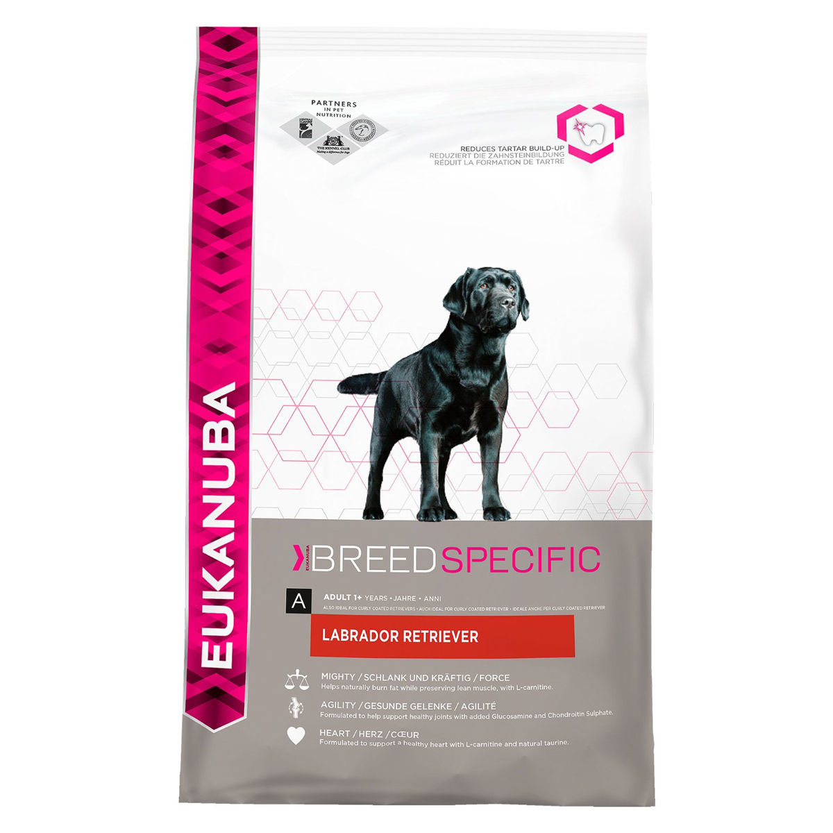 Корм сухой Eukanuba для взрослых собак породы лабрадор ретривер, 12 кг0120710 Корм сухой Eukanuba для взрослых собак породы лабрадор ретривер, 12 кг0120710Полноценный сбалансированный корм, специально разработанный для взрослых собак породы лабрадор-ретривер, а также подходящий для кормления собак пород курчавошерстного и чесалик бэй ретриверов. Не содержит искусственных красителей и ароматизаторов. Содержит разрешенные ЕС антиоксиданты (токоферолы). Состав: сублимированное мясо курицы и индейки (23%, натуральный источник таурина), кукуруза, пшеница, сорго, ячмень, животный жир, сухая пульпа сахарной свеклы 2,8%, гидролизат белков животного происхождения, сухое цельное яйцо, хлорид калия, рыбий жир, карбонат кальция, хлорид натрия, гексаметафосфат натрия, фруктоолигосахариды 0,28%, льняное семя, глюкозамин 432 мг/кг, хондроитина сульфат 43 мг/кг.Добавки: витамин A 45551 МЕ/кг, витамин D3 1512 МЕ/кг, витамин E 253 мг/кг, L-карнитин 48,1 мг/кг, бета-каротин 5,0 мг/кг.Микроэлементы: базовый карбонат кобальта моногидрат 0,59 мг/кг, пентагидрат сульфат меди 56 мг/кг, йодид калия 4,0 мг/кг, моногидрат сульфат железа 741 мг/кг, сульфат марганца моногидрат 56 мг/кг, оксид марганца 40 мг/кг, оксид цинка 257 мг/кг.Вес: 12 кг.Товар сертифицирован.