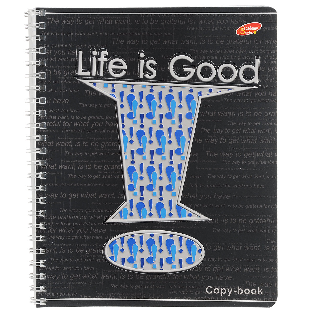 Тетрадь Life is Good, 80 листов, формат А5, цвет: черный, синий72523WD Тетрадь Life is Good, 80 листов, формат А5, цвет: черный, синий72523WDТетрадь в клетку Life is Good подойдет как студенту, так и школьнику. Обложка тетради с закругленными углами выполнена из картона и дополнена оригинальным изображением восклицательного знака. Внутренний блок состоит из 80 листов белой бумаги на гребне.